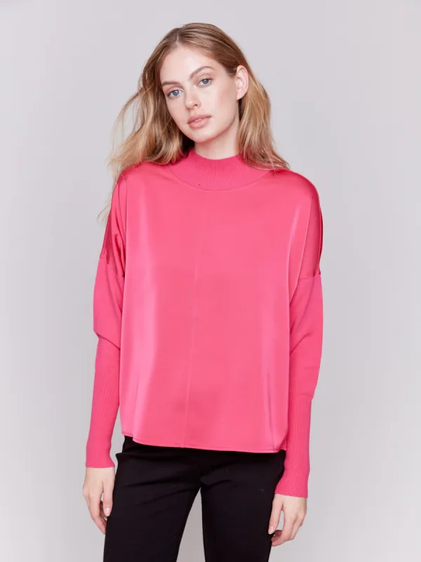 Satin Knit Top with Mock Neck - Magenta sold by Charlie B