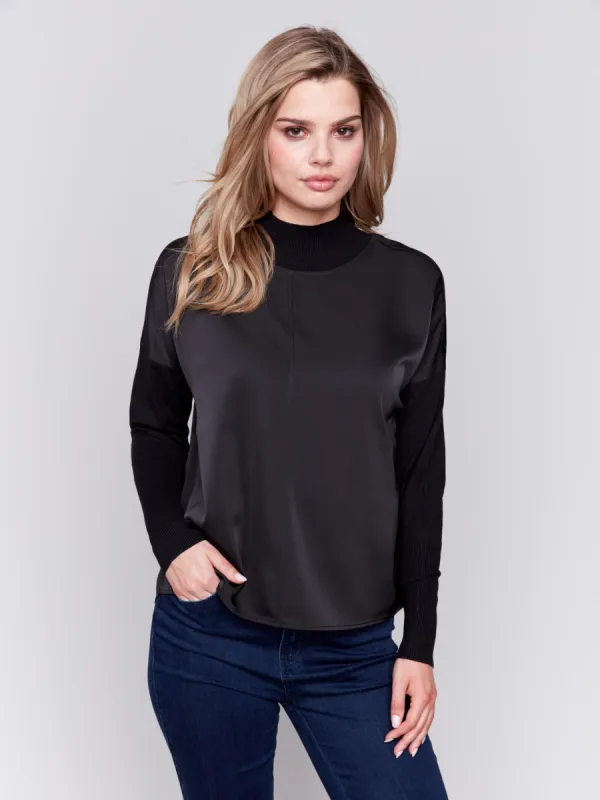 Satin Knit Top With Mock Neck - Black sold by Charlie B
