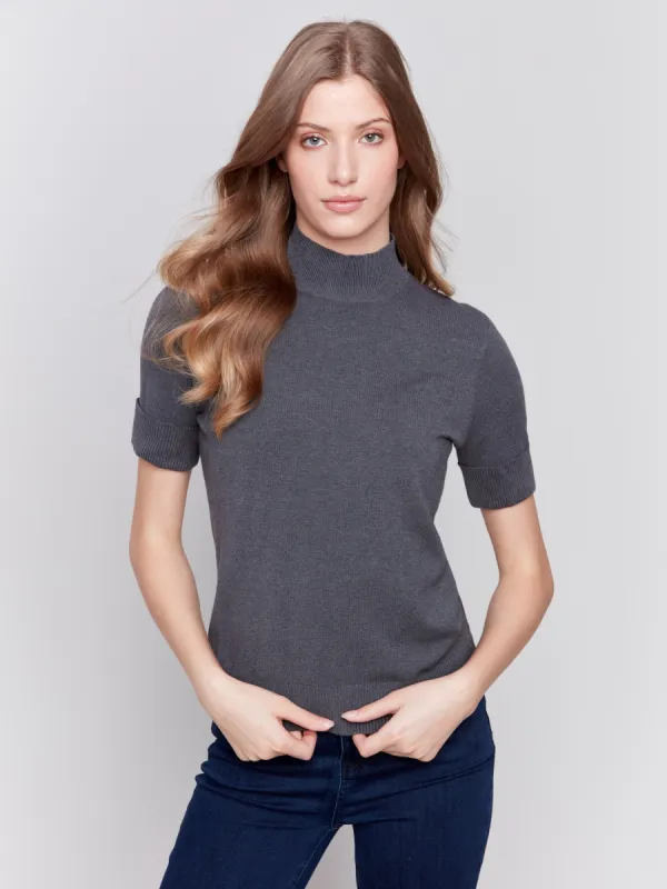 Short Sleeve Mock Neck Sweater - Charcoal made by Charlie B