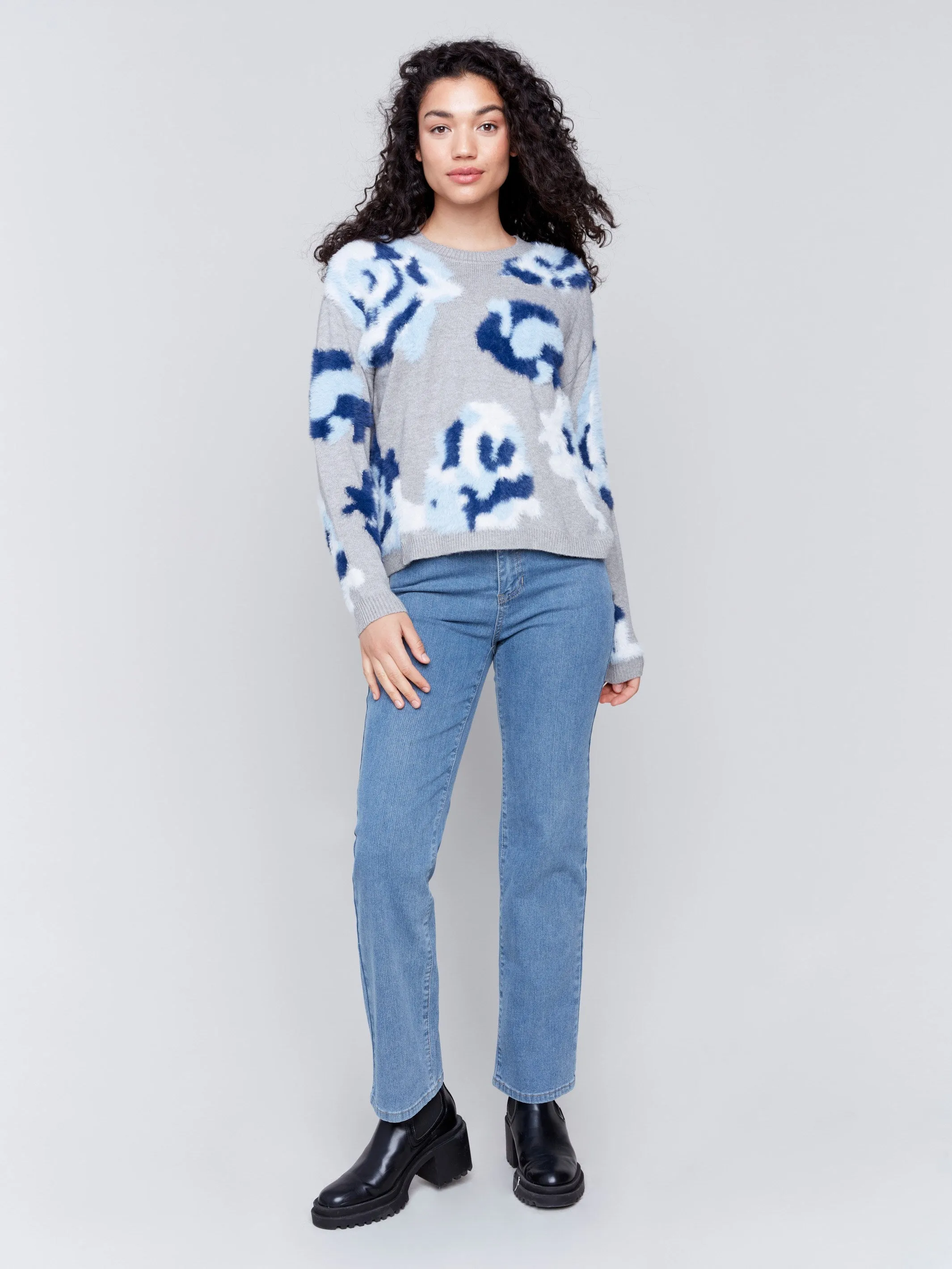Fuzzy Floral Jacquard Knit Sweater - Light Grey sold by Charlie B product image thumbnail 2