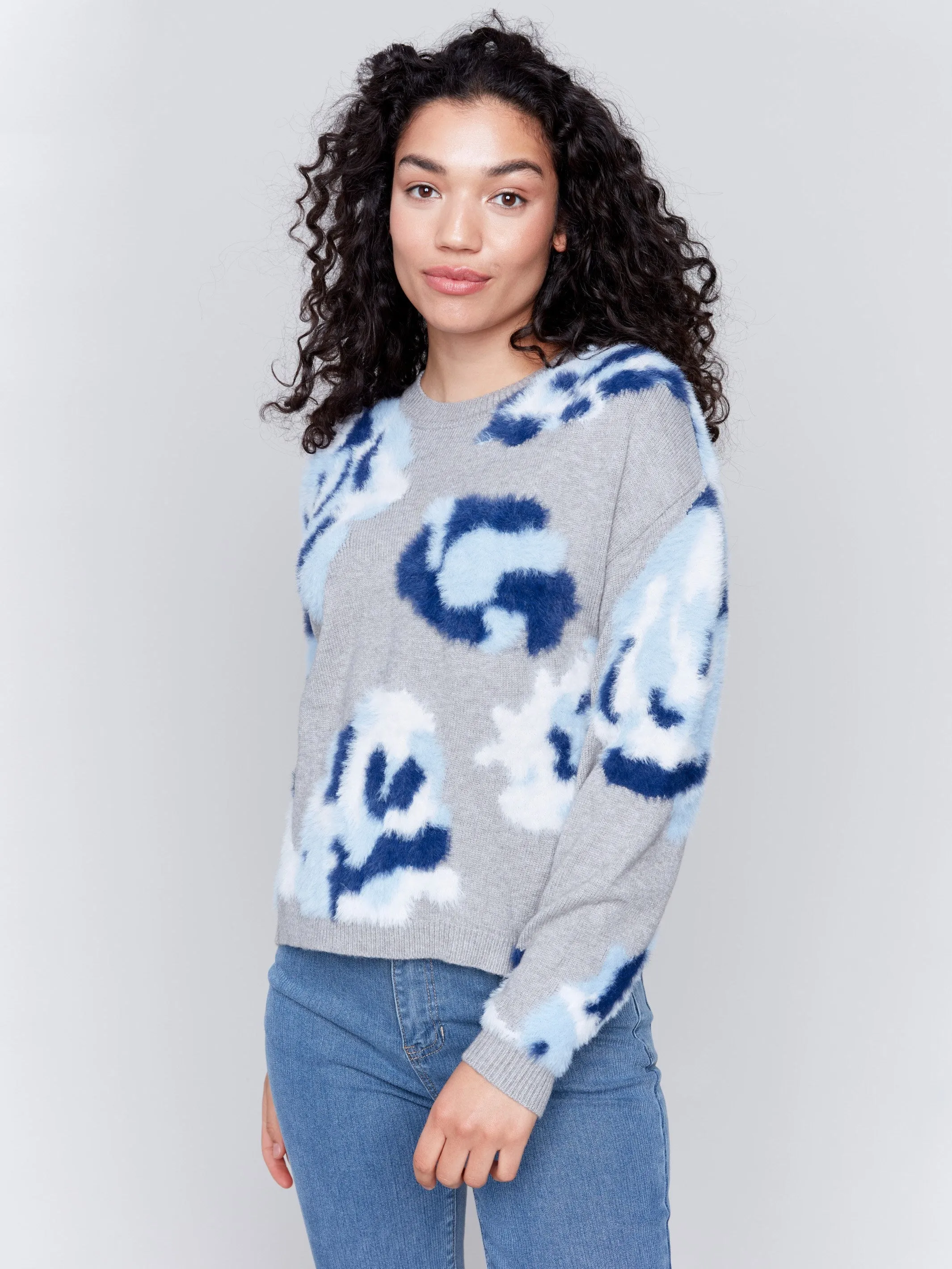 Fuzzy Floral Jacquard Knit Sweater - Light Grey sold by Charlie B product image thumbnail 3