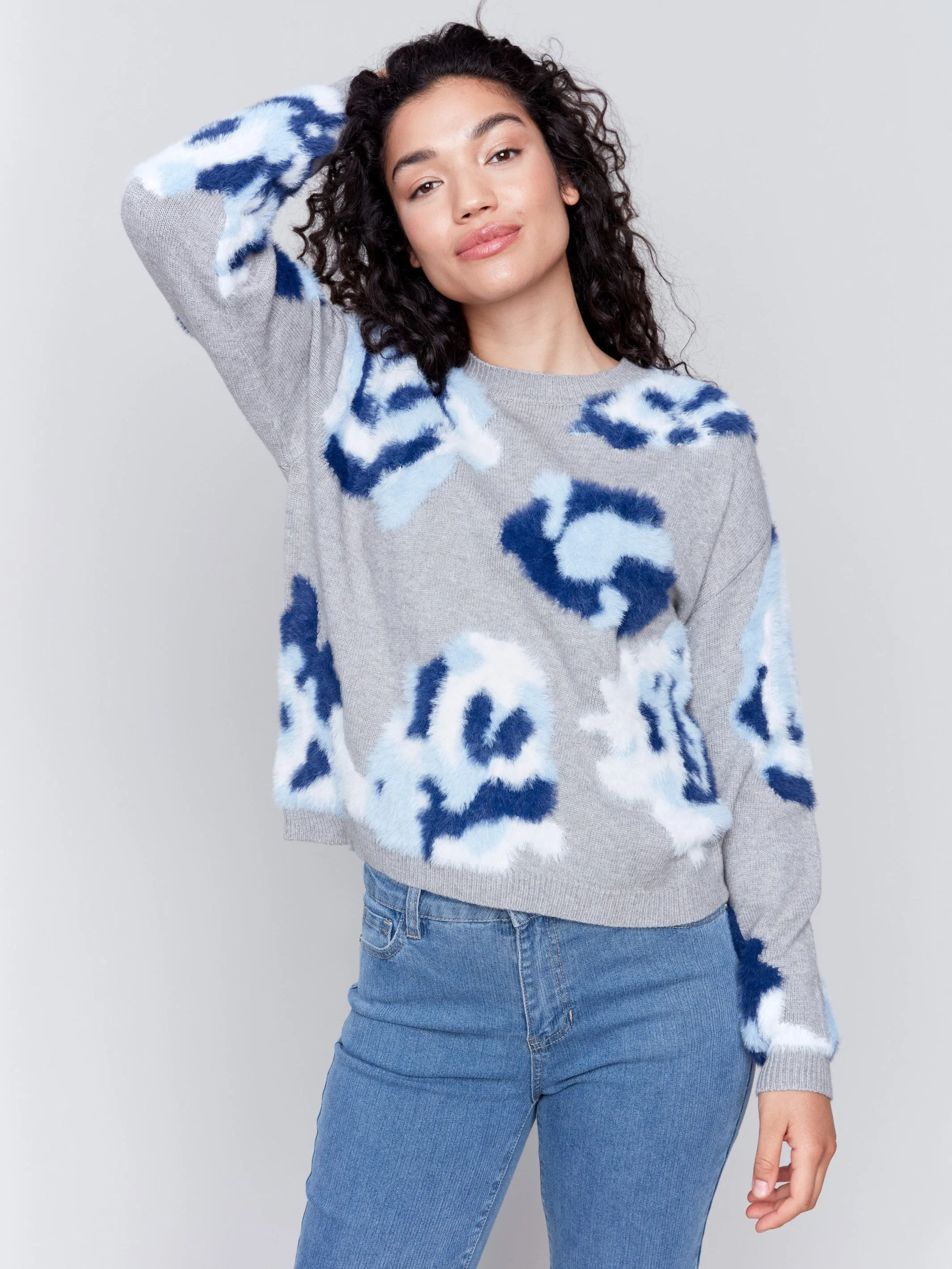 Fuzzy Floral Jacquard Knit Sweater - Light Grey sold by Charlie B