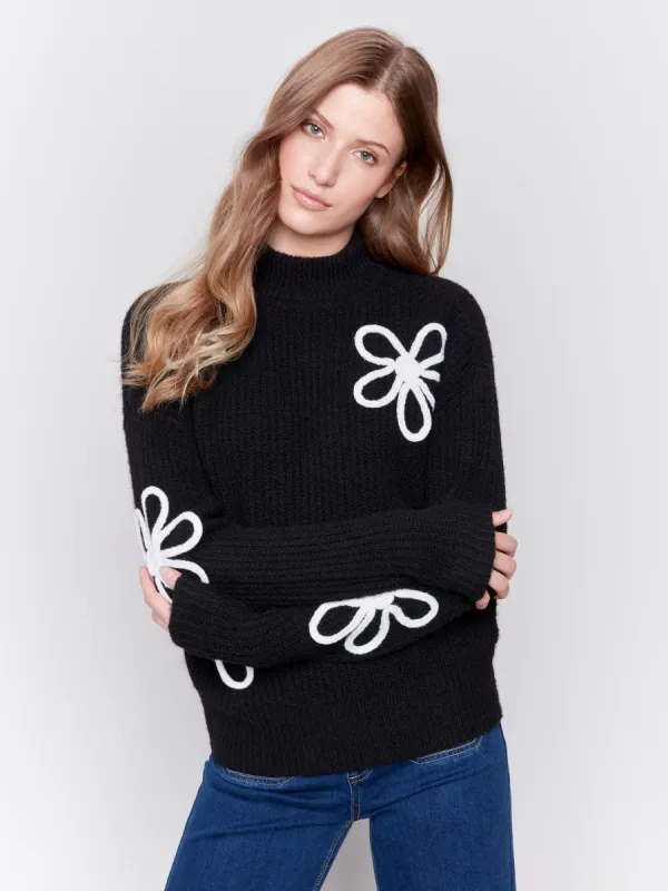 Mock Neck Floral Sweater - Black sold by Charlie B