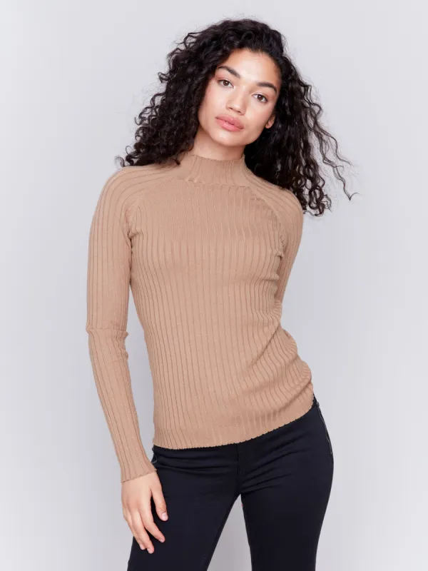 Ribbed Knit Mock Neck Sweater - Truffle made by Charlie B