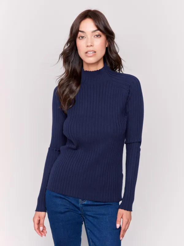 Ribbed Knit Mock Neck Sweater - Navy sold by Charlie B