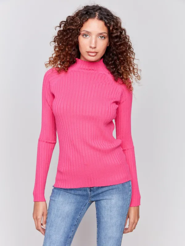 Ribbed Knit Mock Neck Sweater - Magenta sold by Charlie B