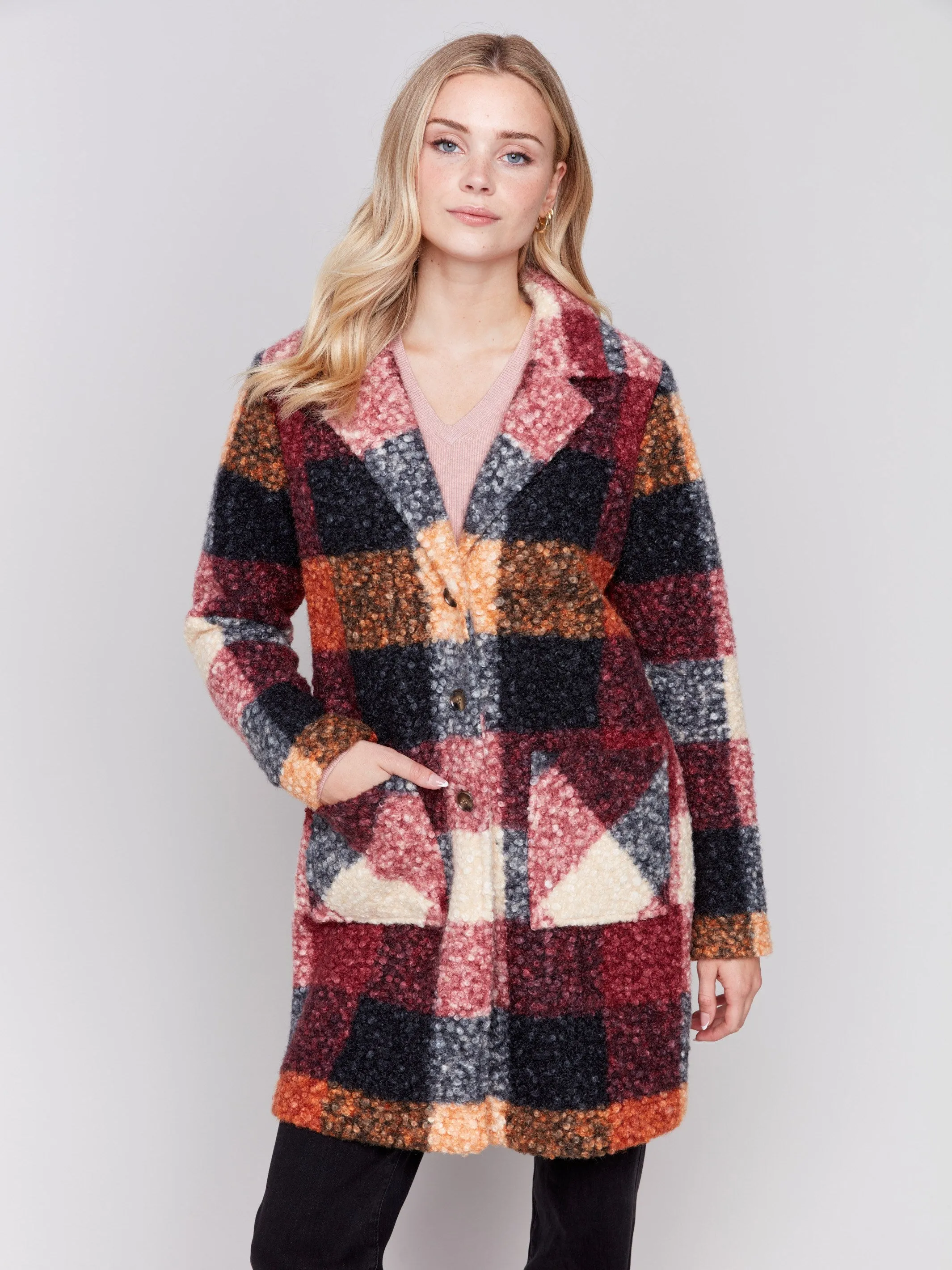 Plaid Bouclé Knit Coat - Cabernet sold by Charlie B