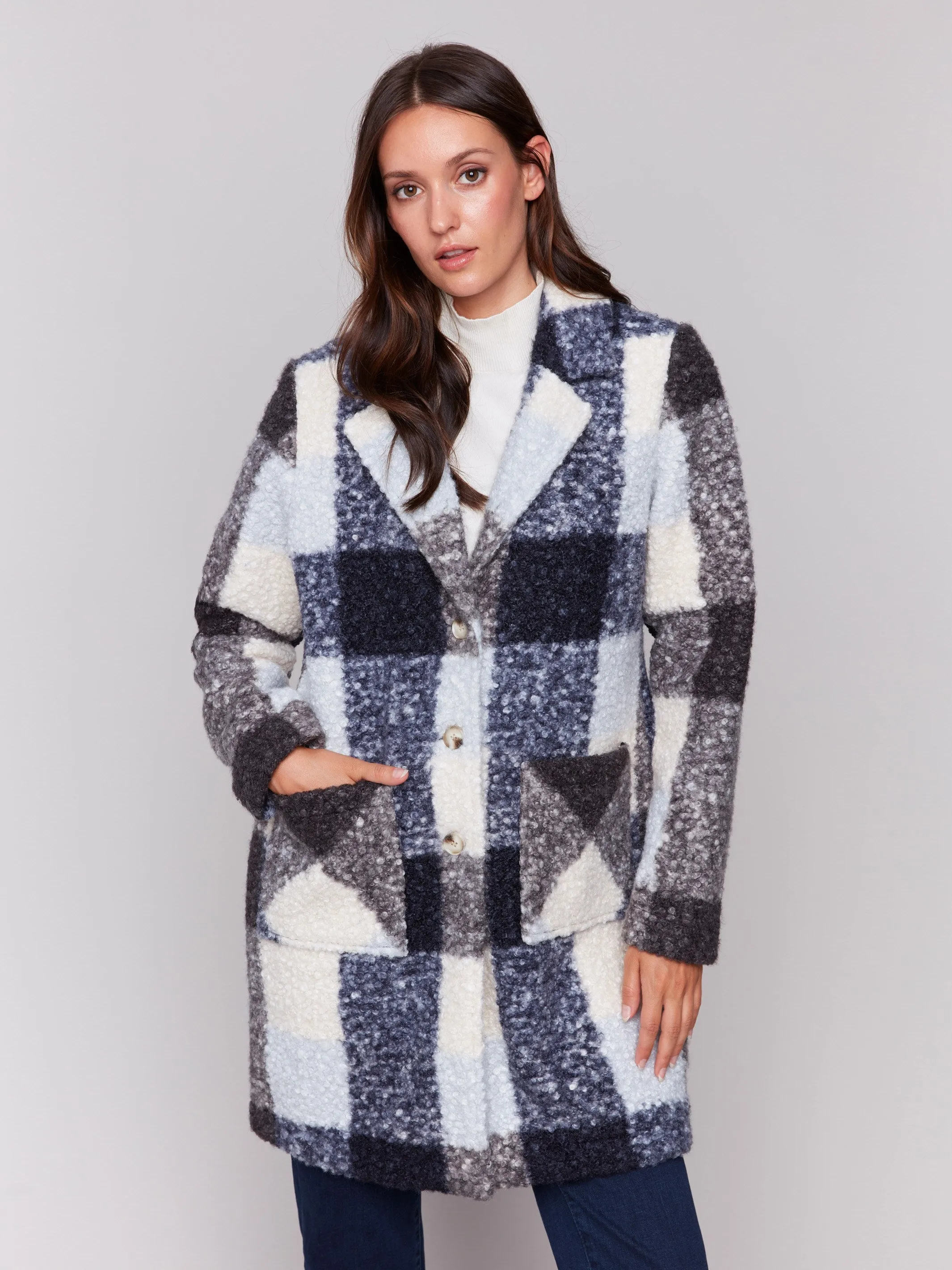 Plaid Bouclé Knit Coat - Navy sold by Charlie B