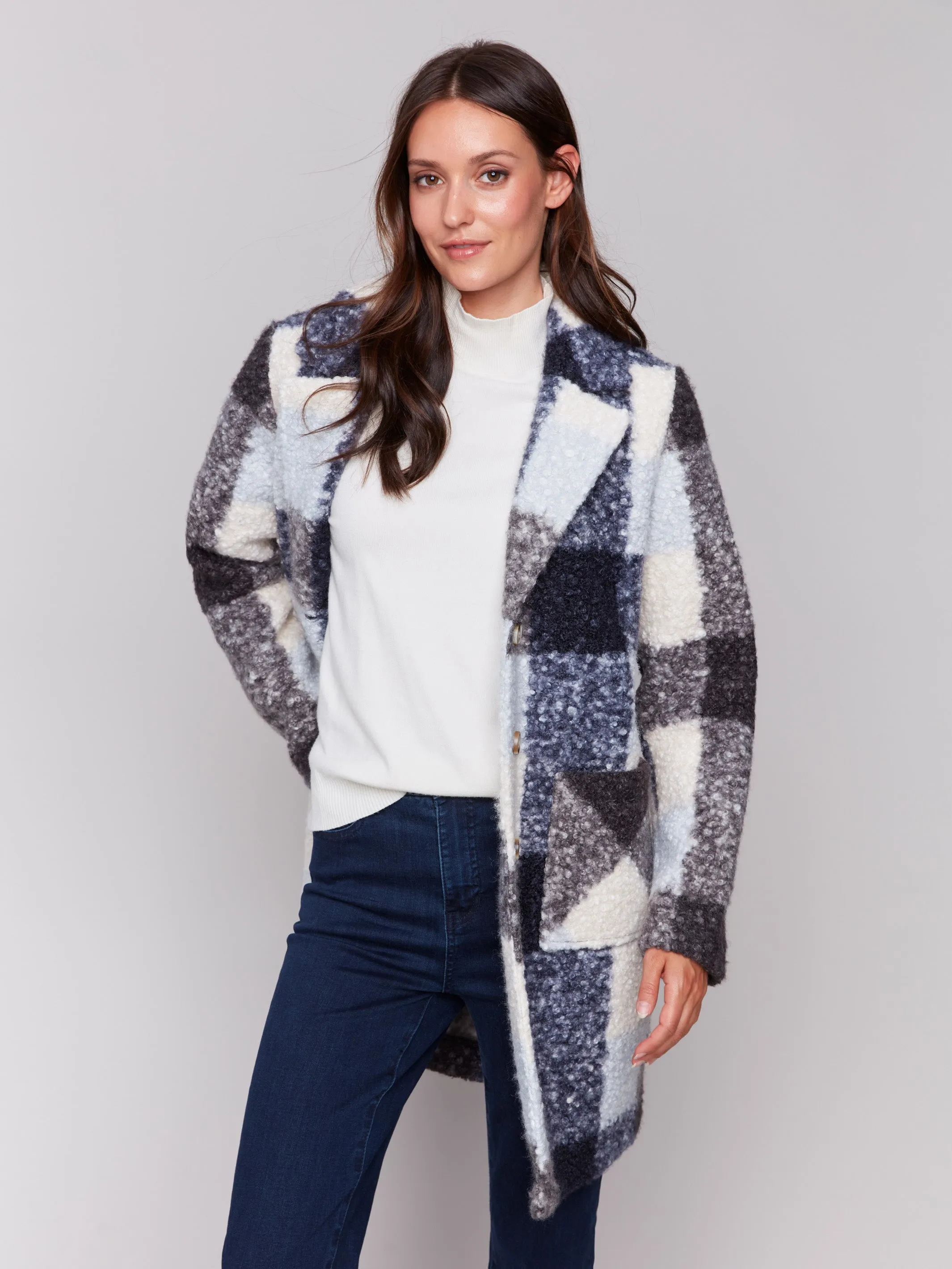Plaid Bouclé Knit Coat - Navy sold by Charlie B product image thumbnail 3