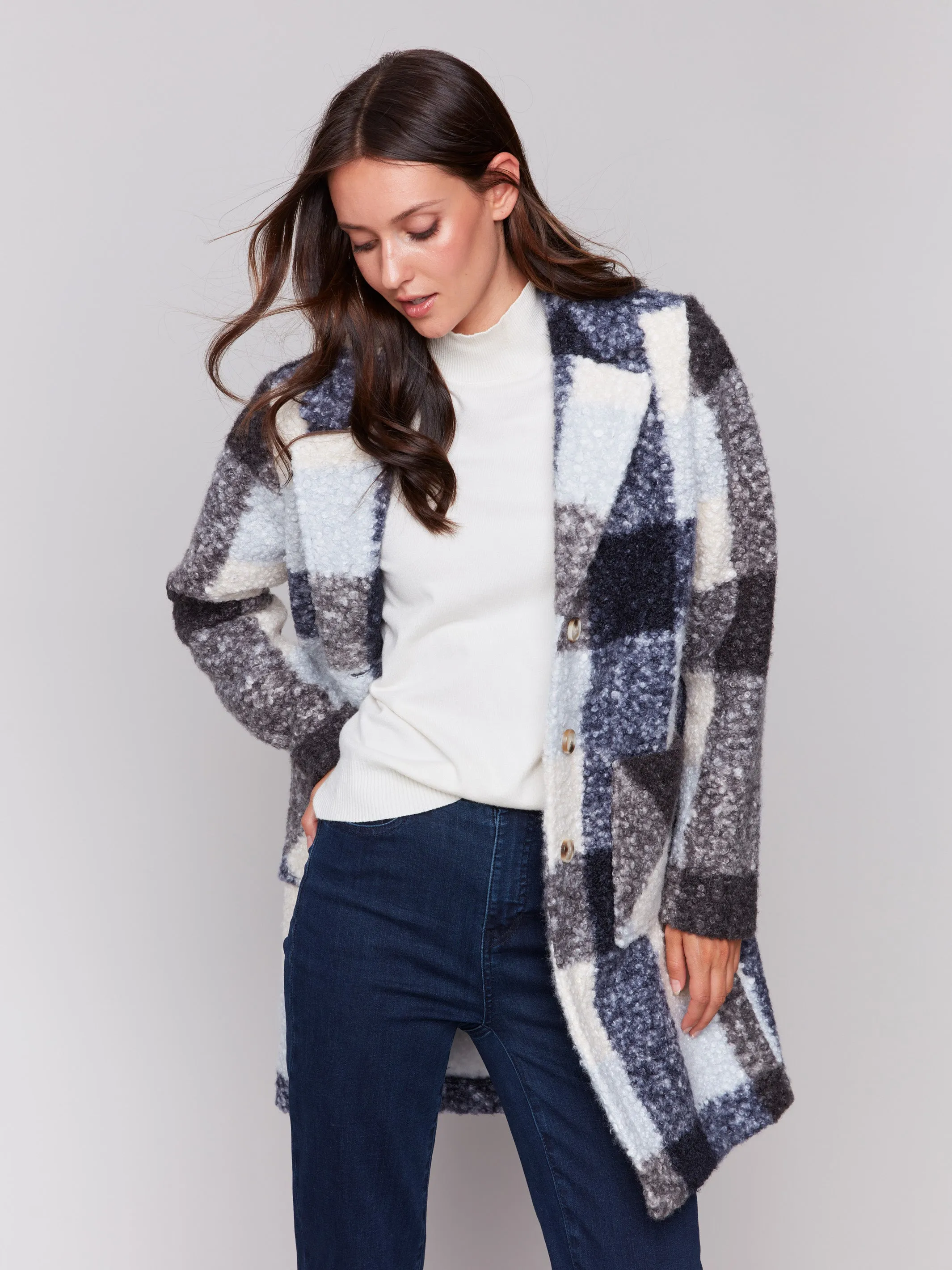 Plaid Bouclé Knit Coat - Navy sold by Charlie B product image thumbnail 5