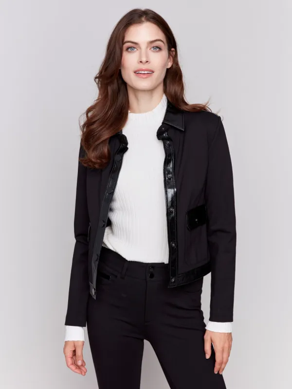 Short Ponte Knit Jacket with Vinyl Trim - Black sold by Charlie B