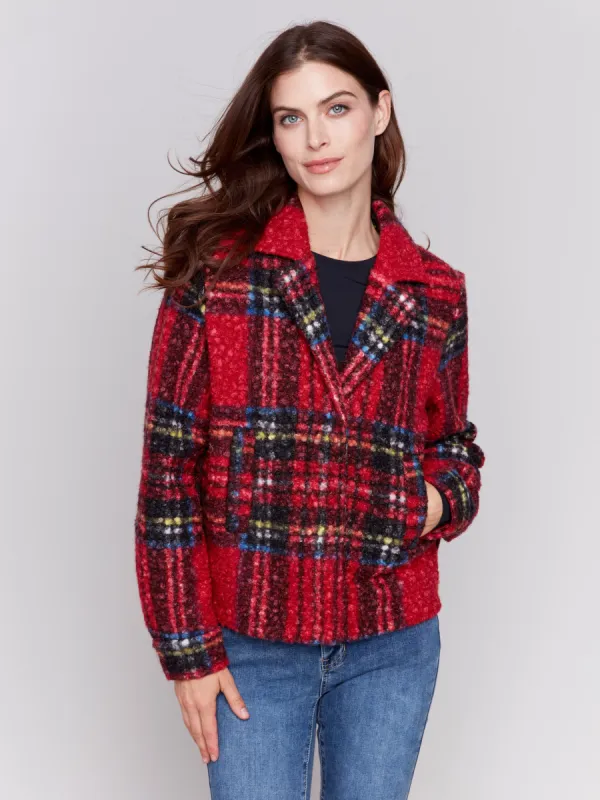 Plaid Bouclé Knit Short Coat - Cranberry sold by Charlie B