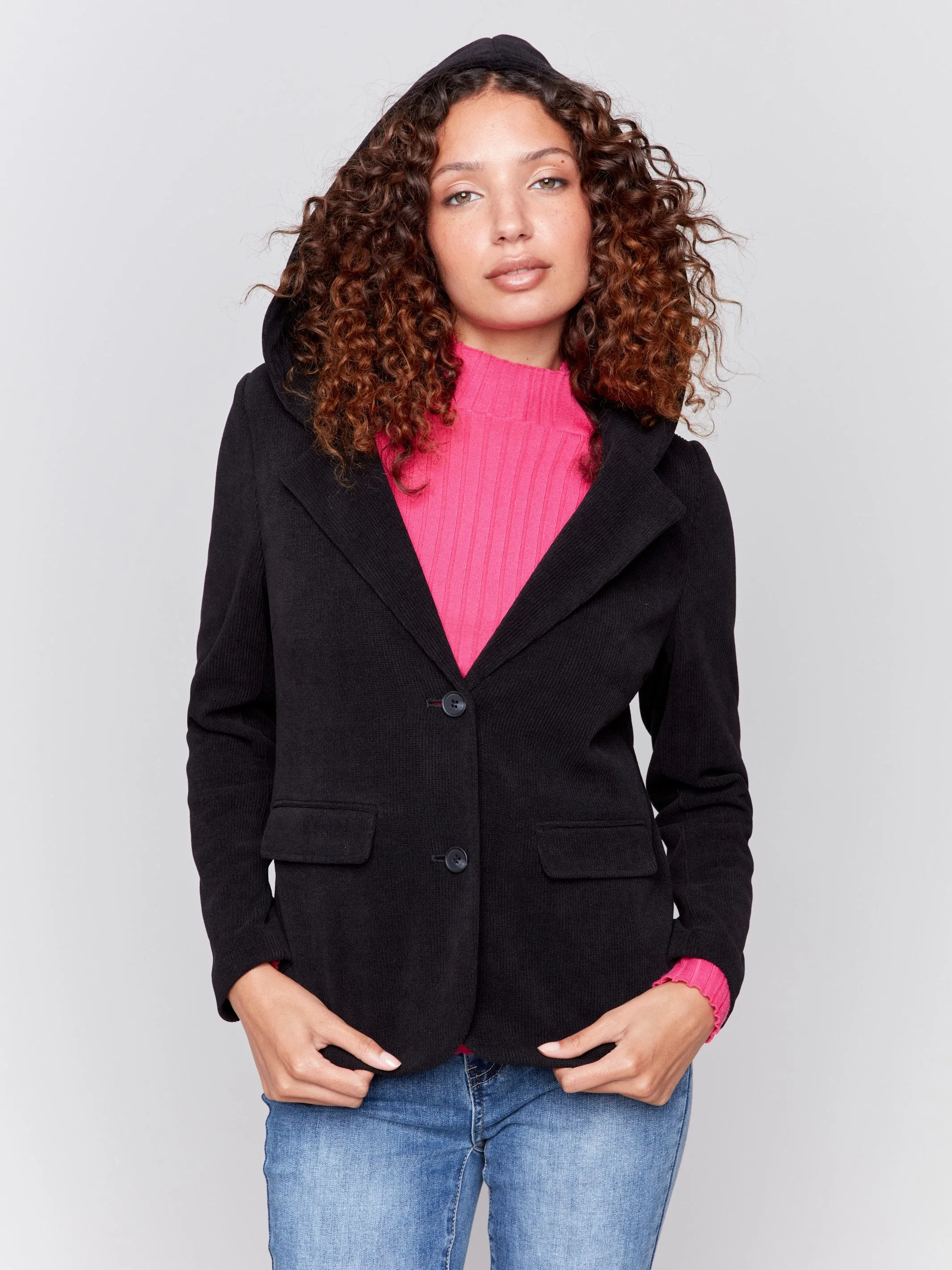Knit Corduroy Blazer With Hood - Black sold by Charlie B product image thumbnail 3