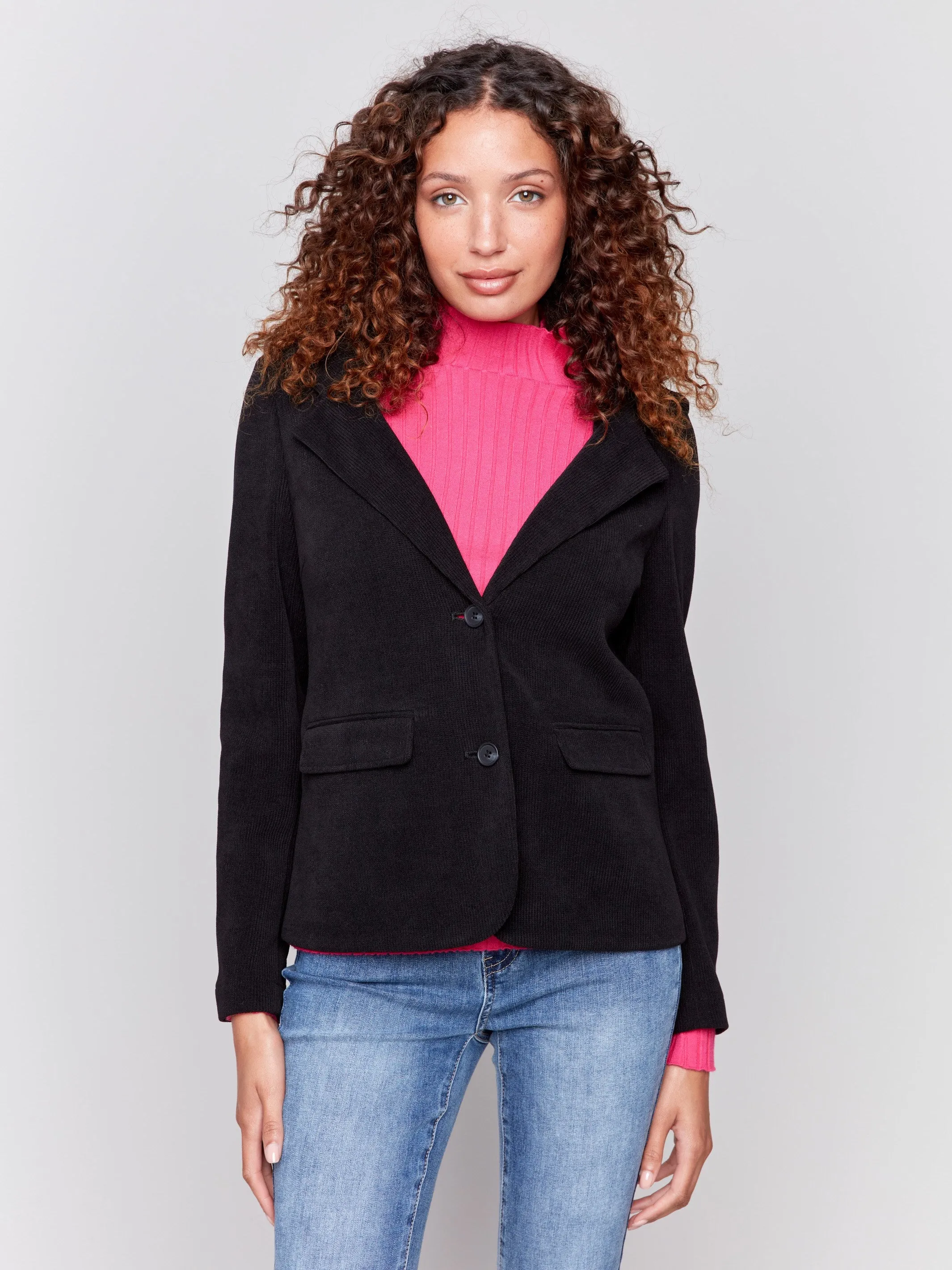 Knit Corduroy Blazer With Hood - Black sold by Charlie B