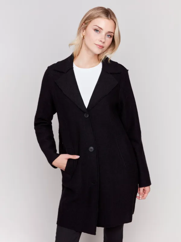 Long Boiled Wool Coat - Black sold by Charlie B