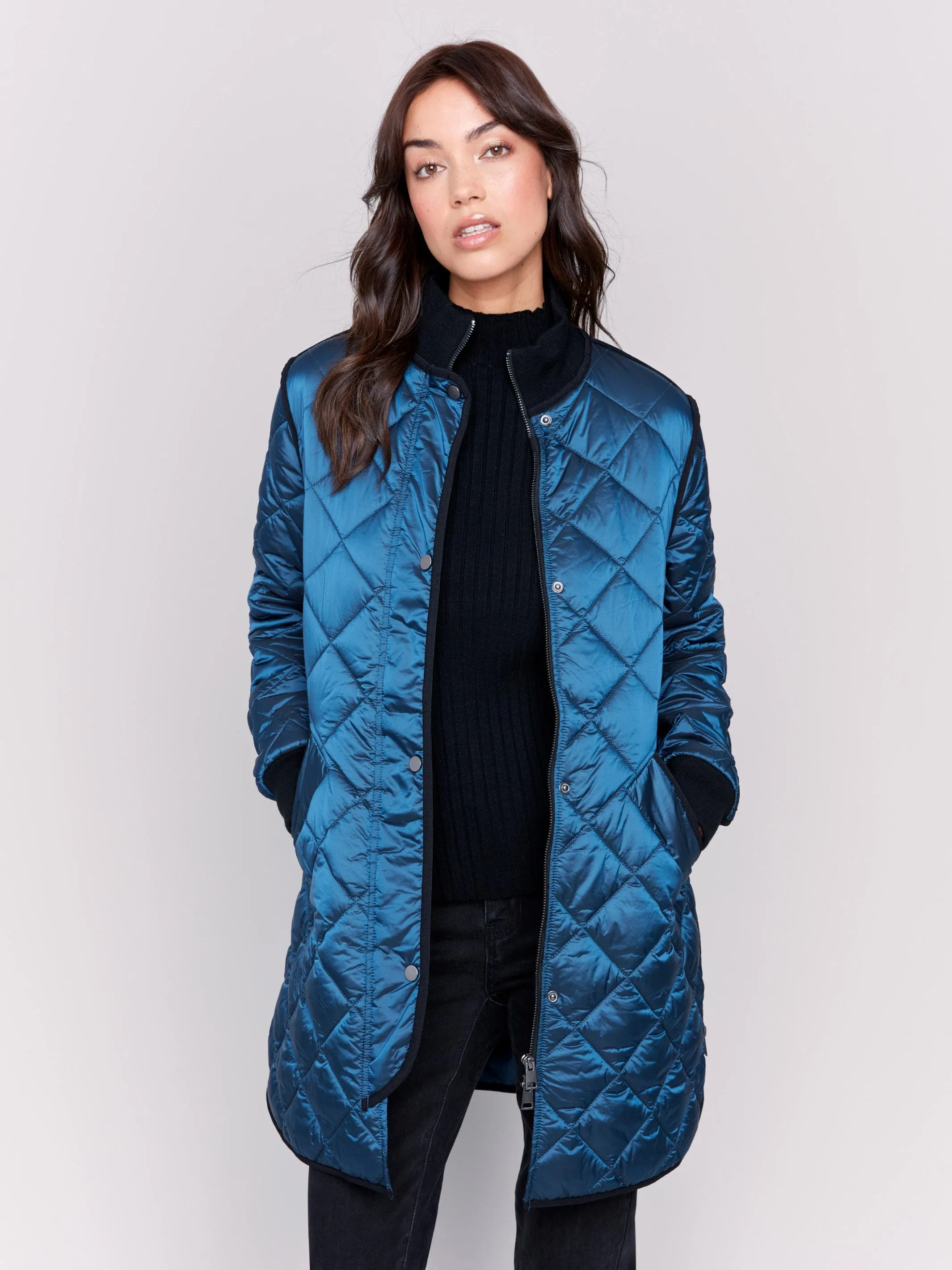 Long Quilted Puffer Jacket - Peacock sold by Charlie B