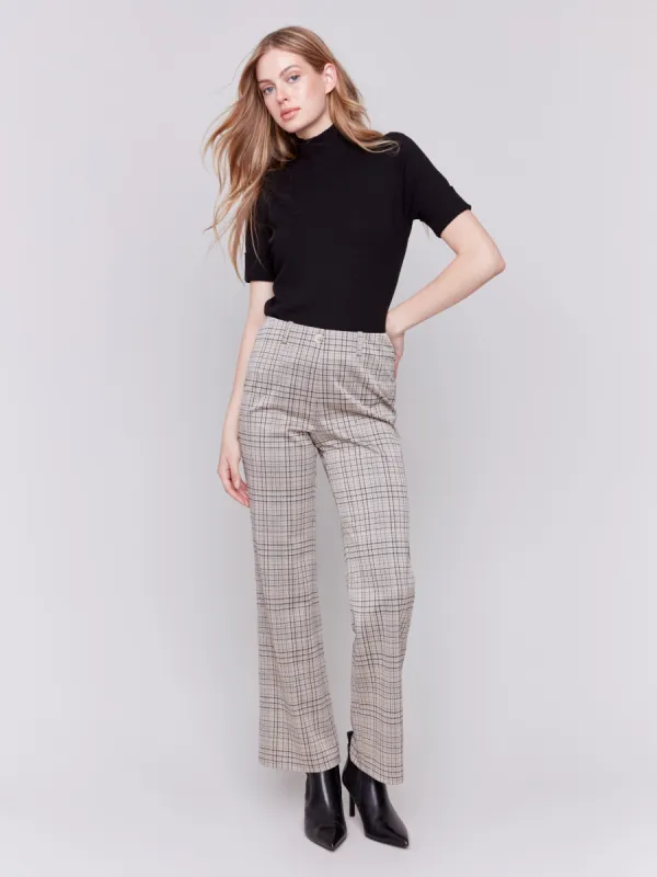Plaid Ponte Pull-On Flare Pants - Almond sold by Charlie B