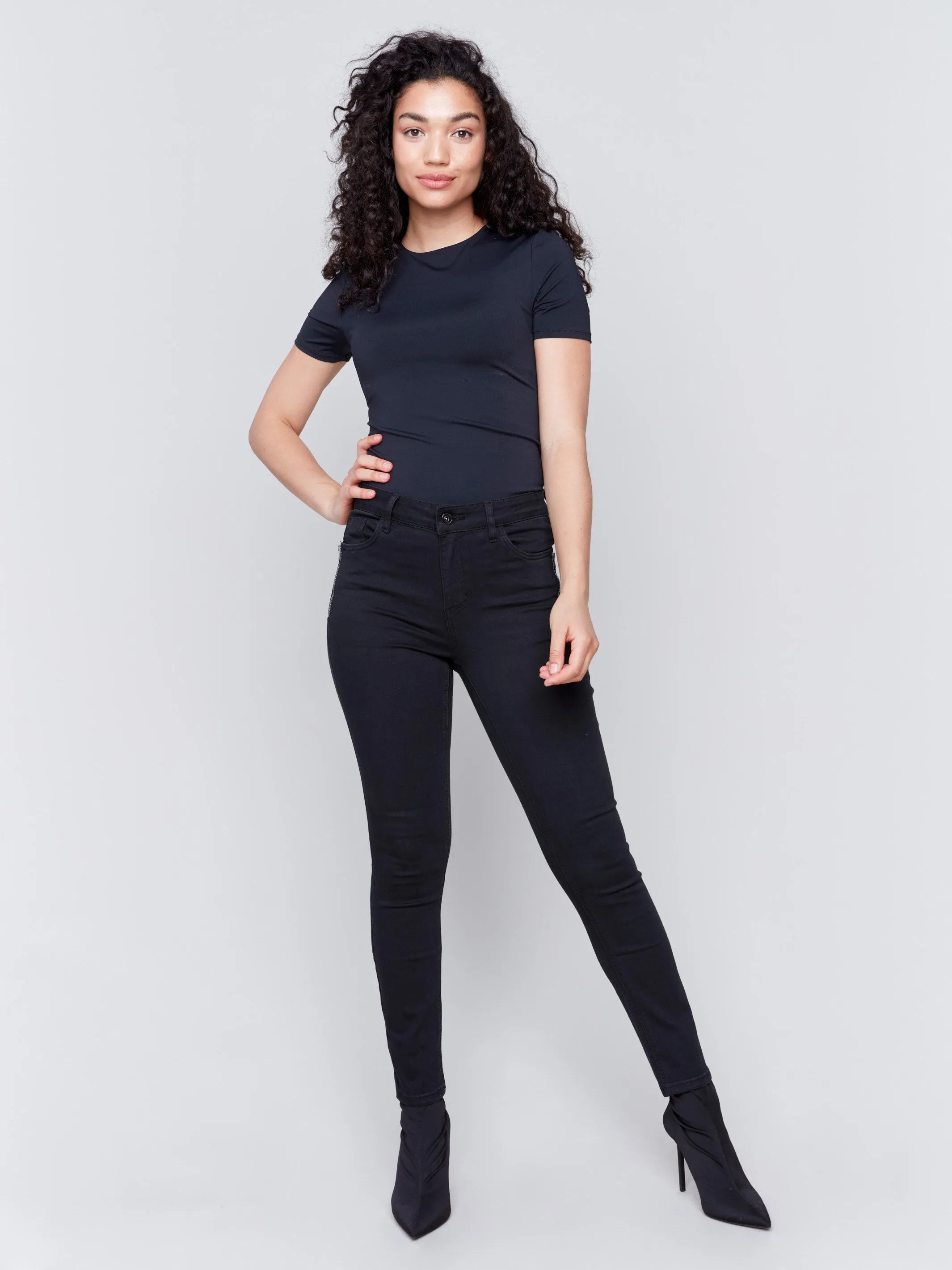 Skinny Twill Pants with Zipper Pocket Detail - Black sold by Charlie B