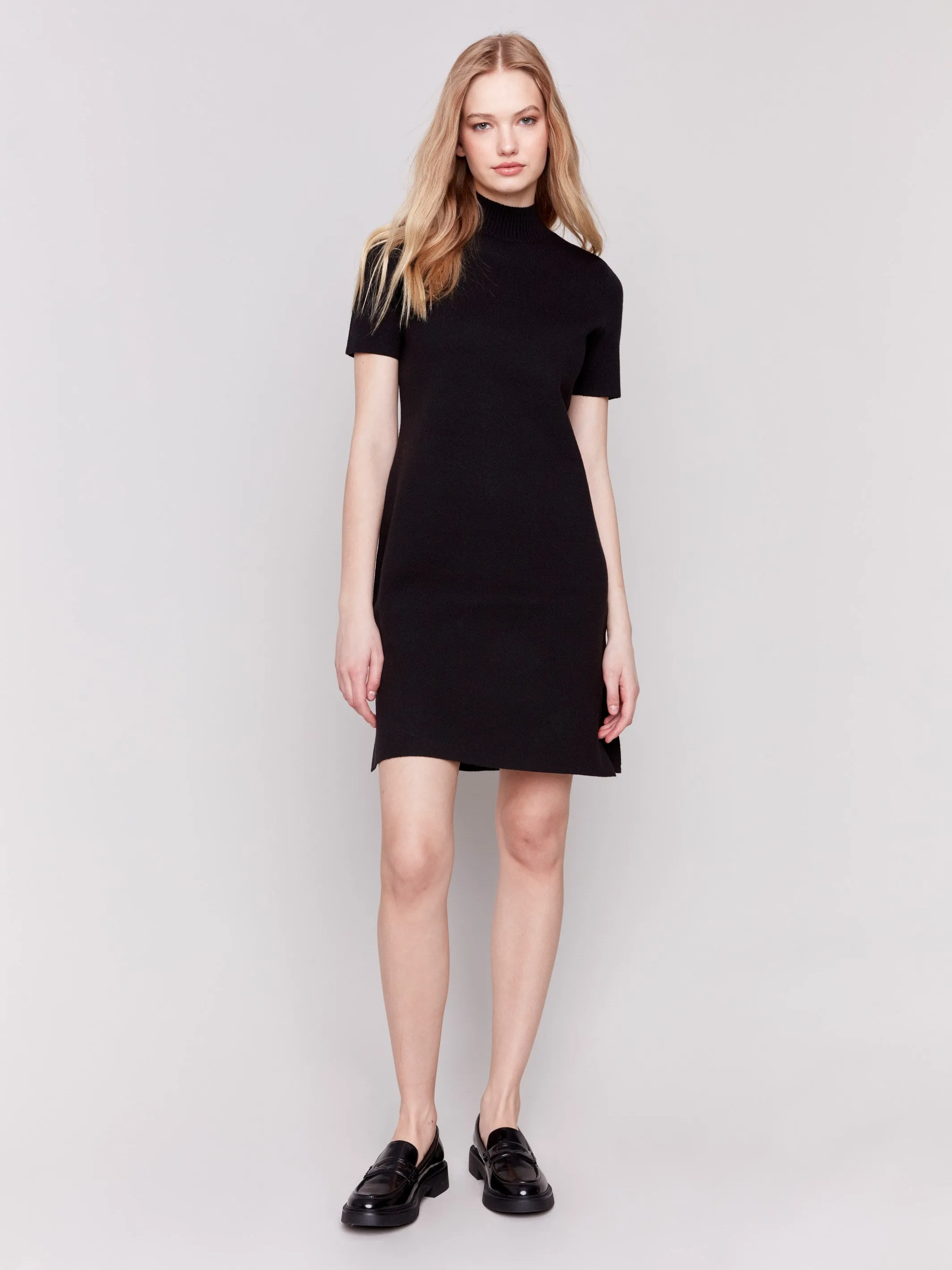 Short-Sleeve Mock Neck Sweater Dress - Black sold by Charlie B