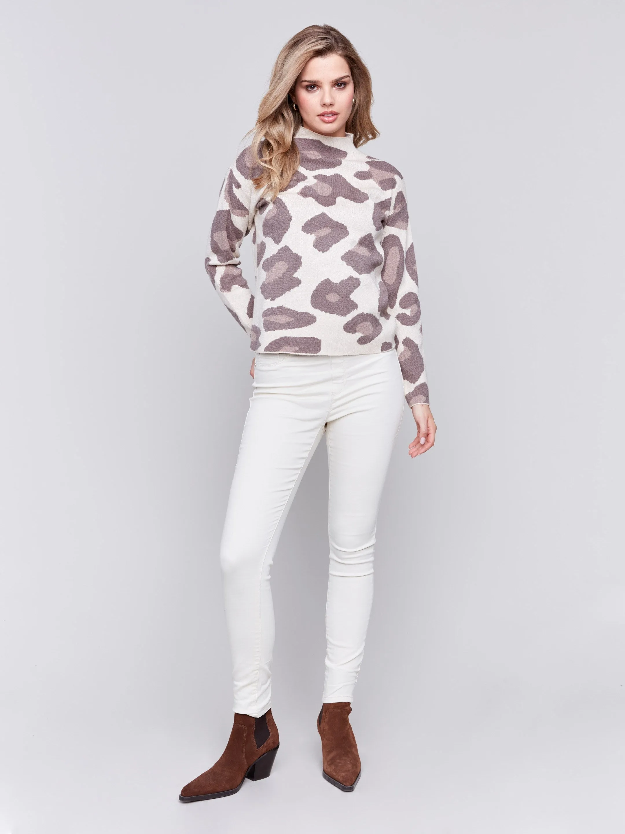 Animal Print Jacquard Mock Neck Sweater - Almond sold by Charlie B product image thumbnail 2