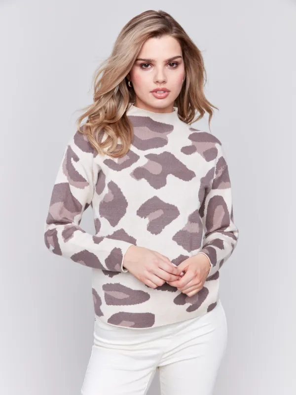 Animal Print Jacquard Mock Neck Sweater - Almond sold by Charlie B