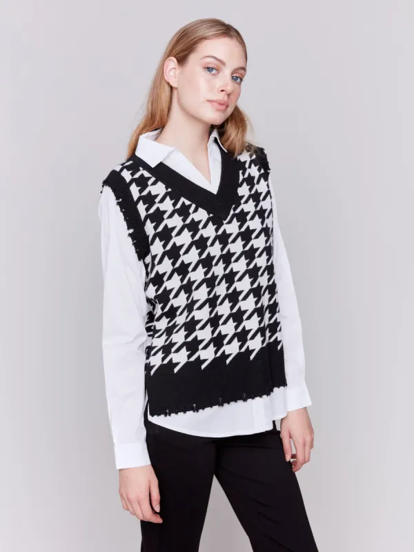Houndstooth Fooler Vest with Shirt Collar - Pepper sold by Charlie B