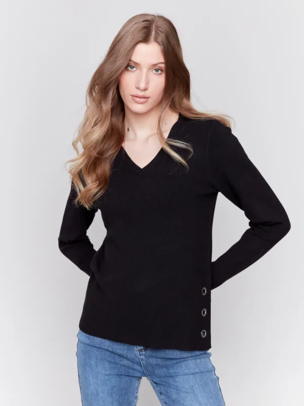 V-Neck Sweater with Grommet Detail - Black sold by Charlie B