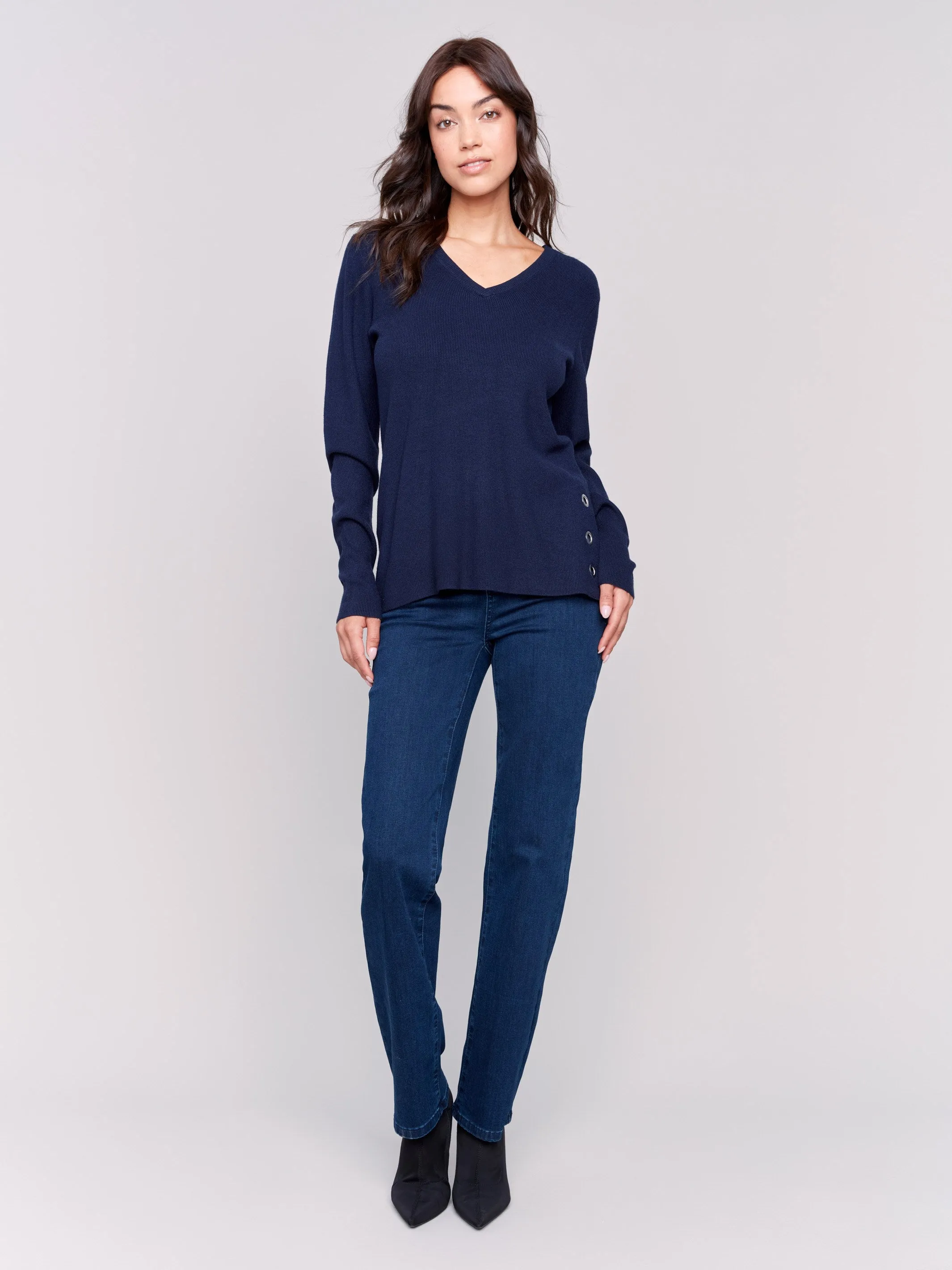V-Neck Sweater with Grommet Detail - Navy sold by Charlie B product image thumbnail 2