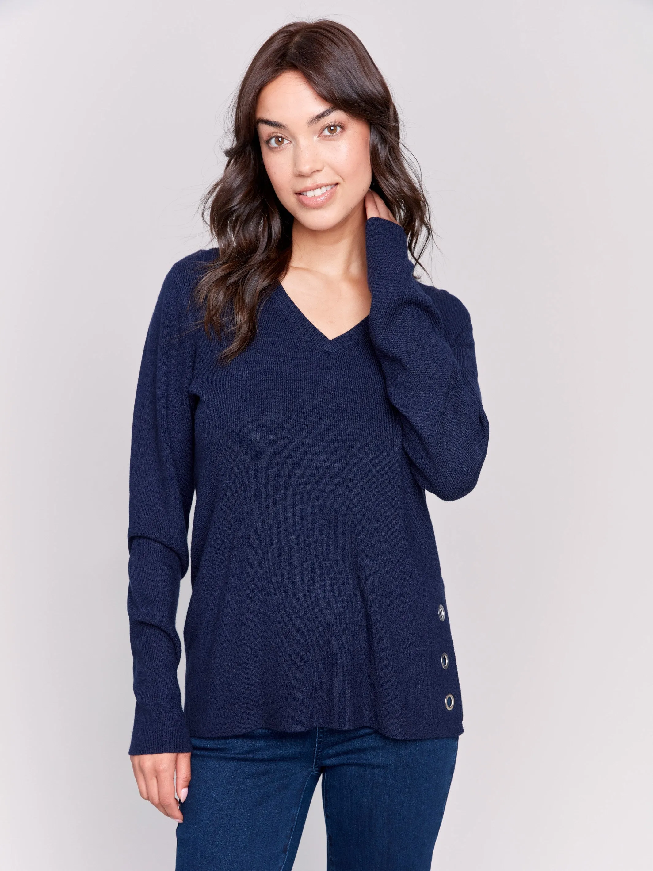 V-Neck Sweater with Grommet Detail - Navy sold by Charlie B
