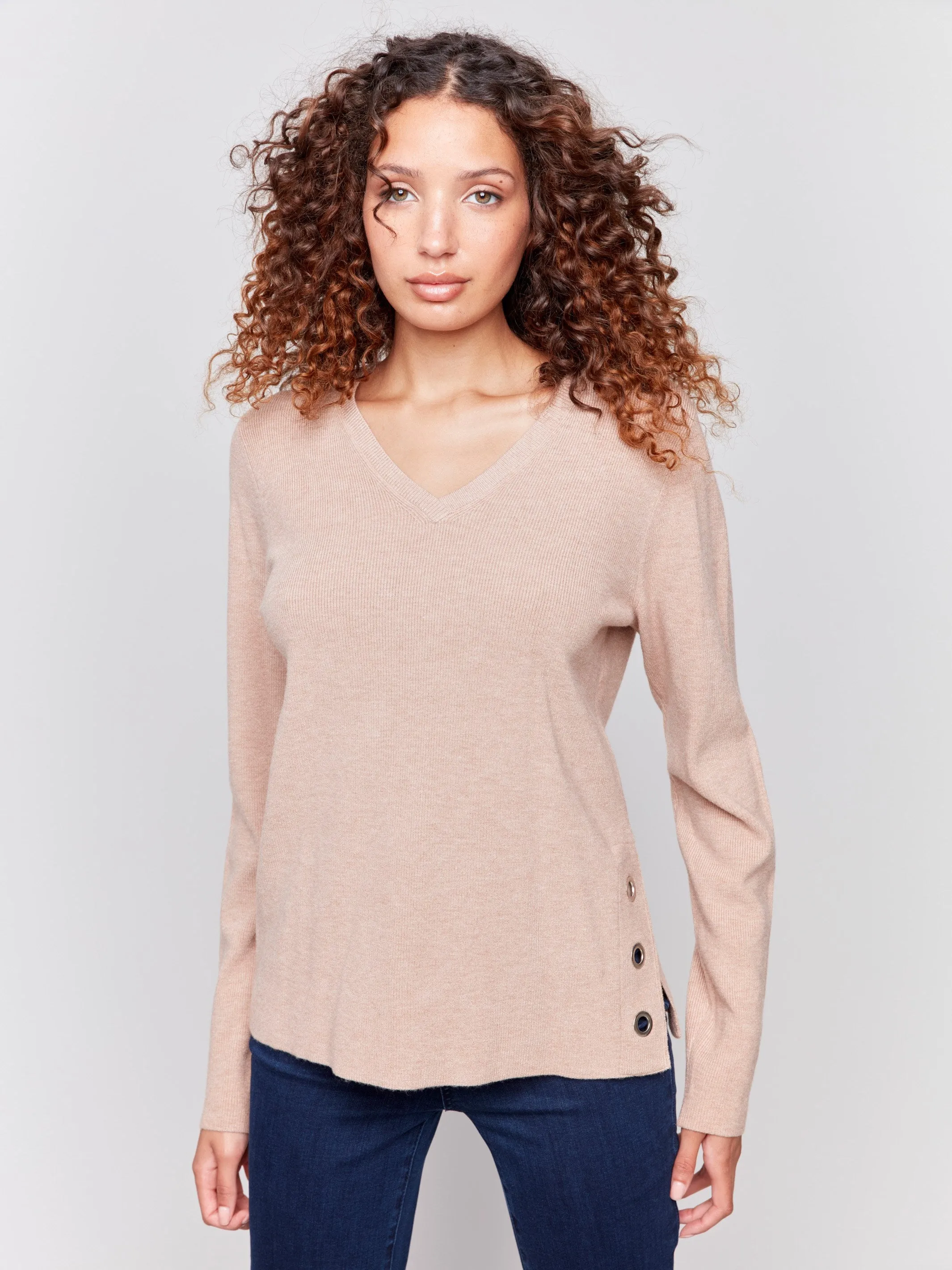 V-Neck Sweater with Grommet Detail - Truffle sold by Charlie B