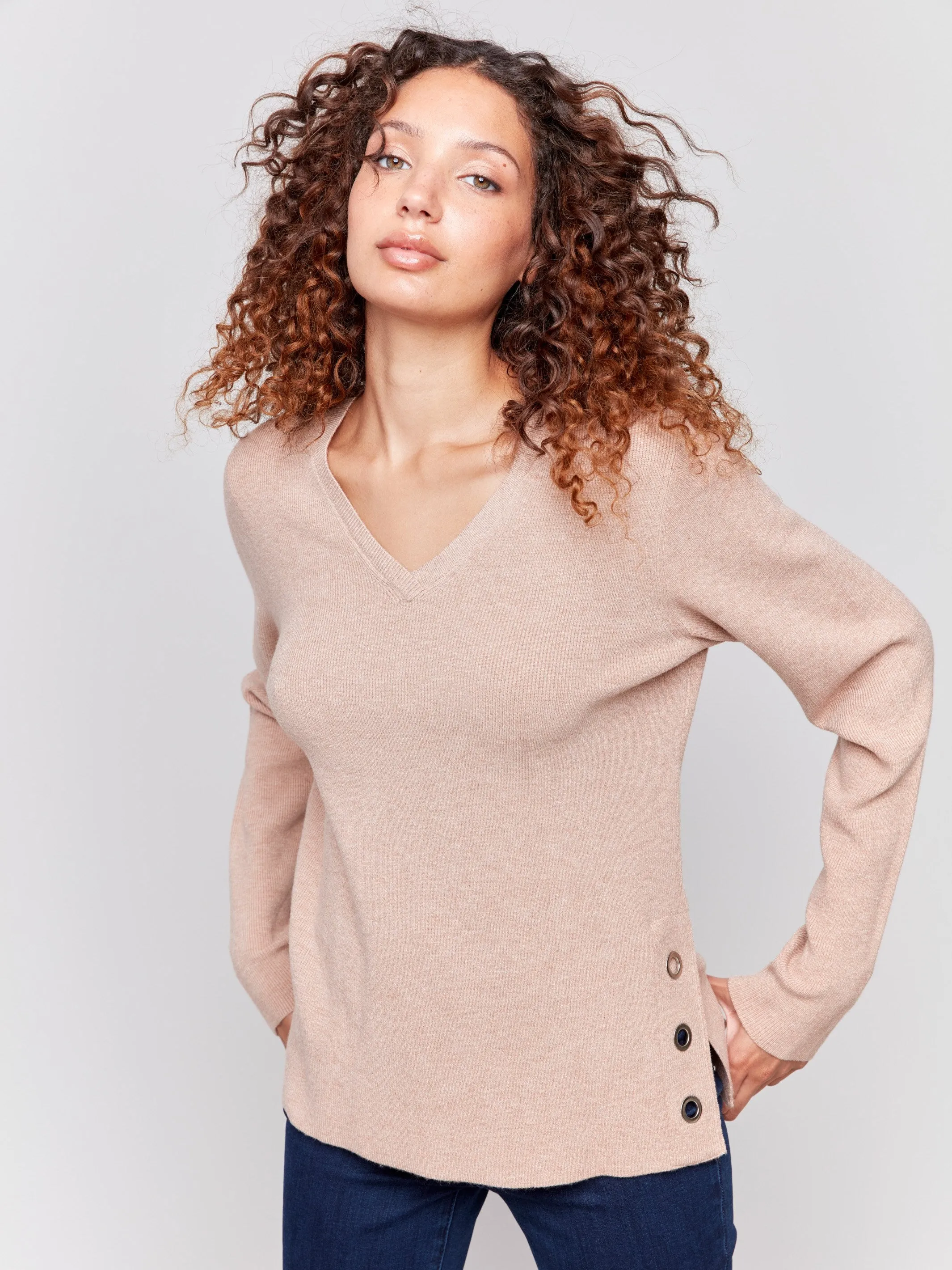 V-Neck Sweater with Grommet Detail - Truffle sold by Charlie B product image thumbnail 5