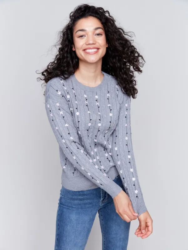 Floral Embroidery Knit Sweater - Grey sold by Charlie B