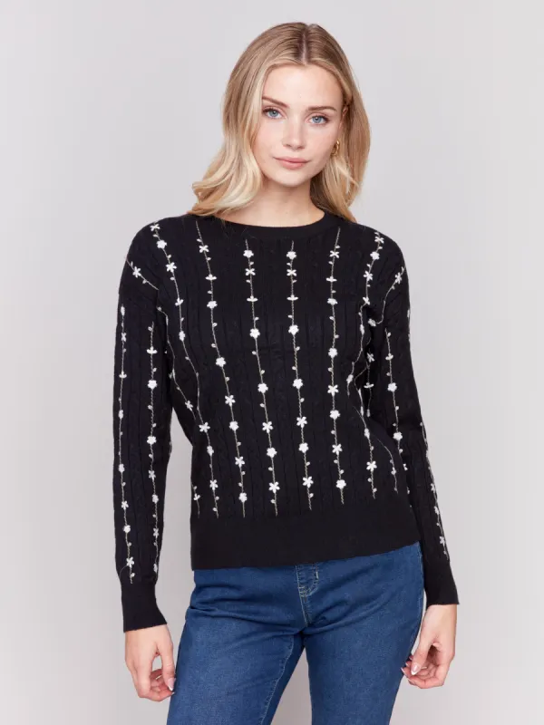 Floral Embroidery Knit Sweater - Black sold by Charlie B