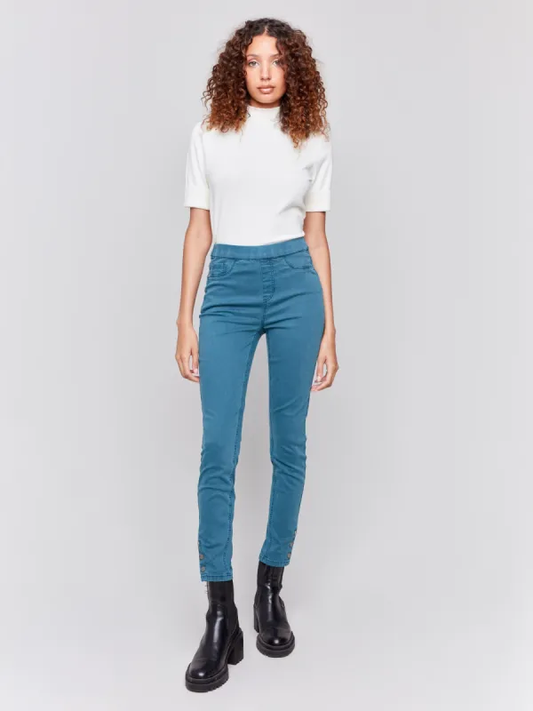 Pull-On Twill Pants with Snap Button Hem - Peacock sold by Charlie B