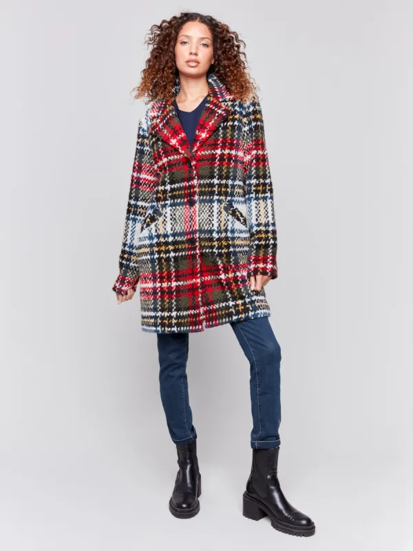 Straight Cut Plaid Bouclé Knit Coat - Cranberry sold by Charlie B