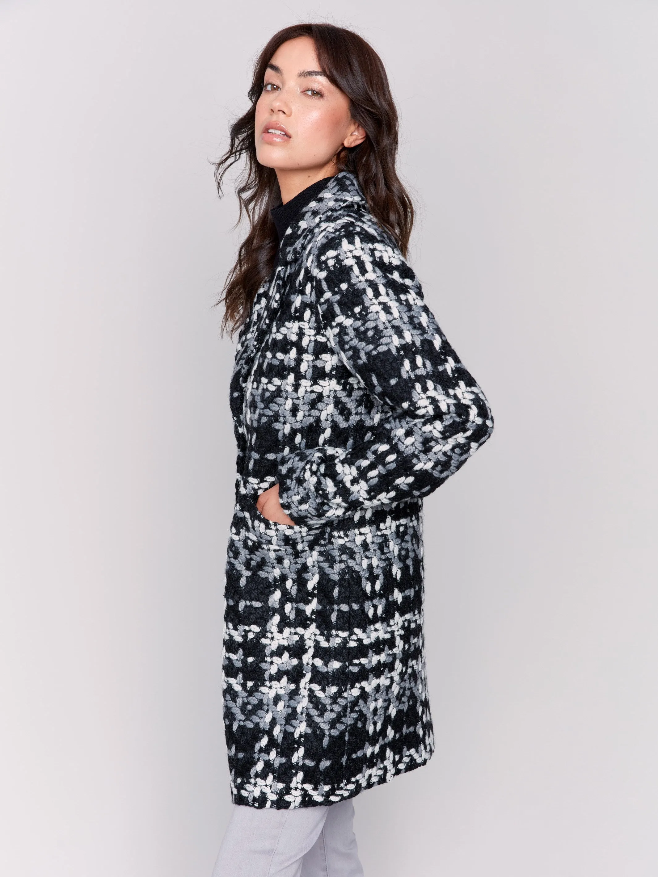 Straight Cut Bouclé Knit Coat - Black & White sold by Charlie B product image thumbnail 3