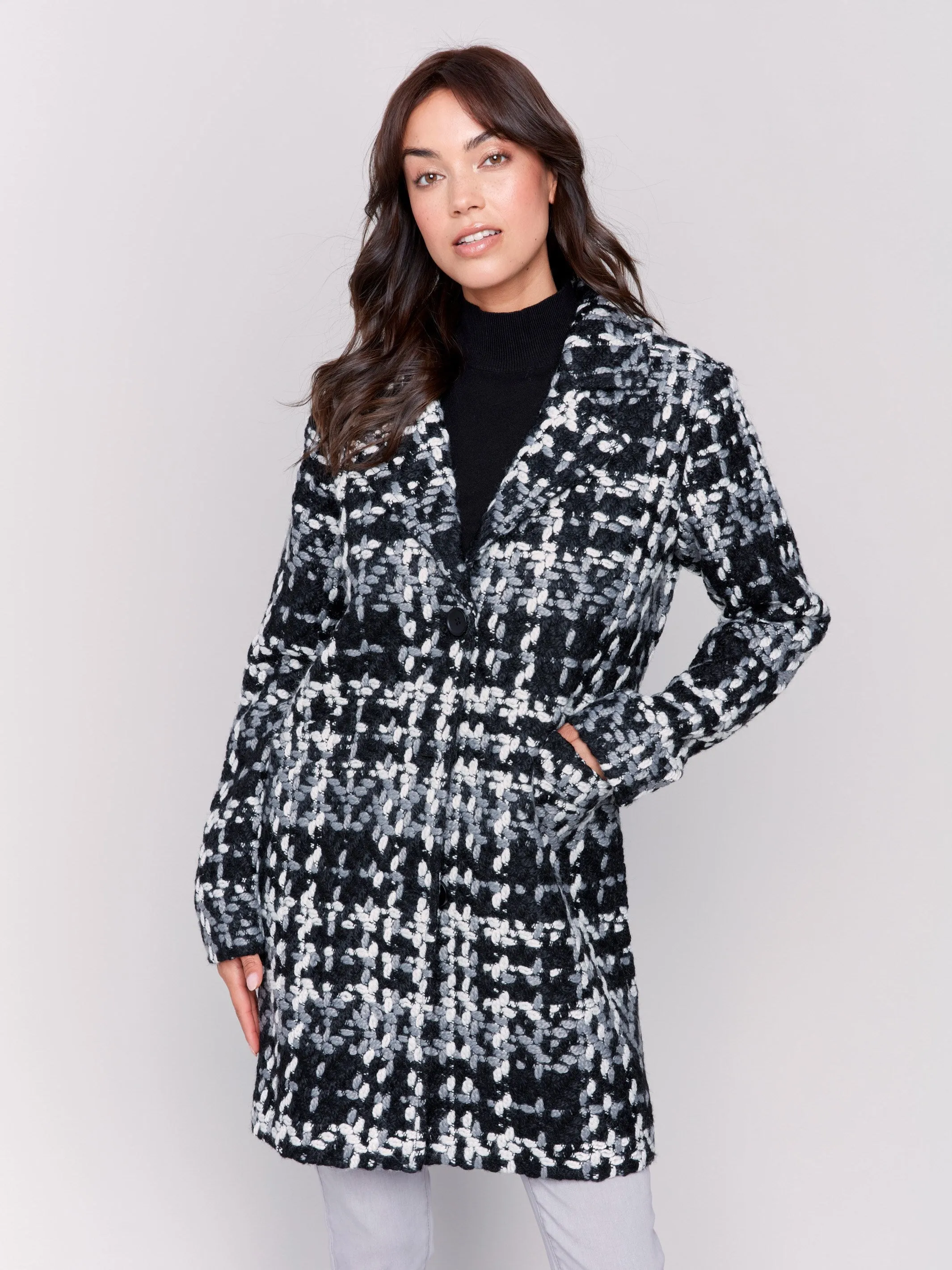 Straight Cut Bouclé Knit Coat - Black & White sold by Charlie B