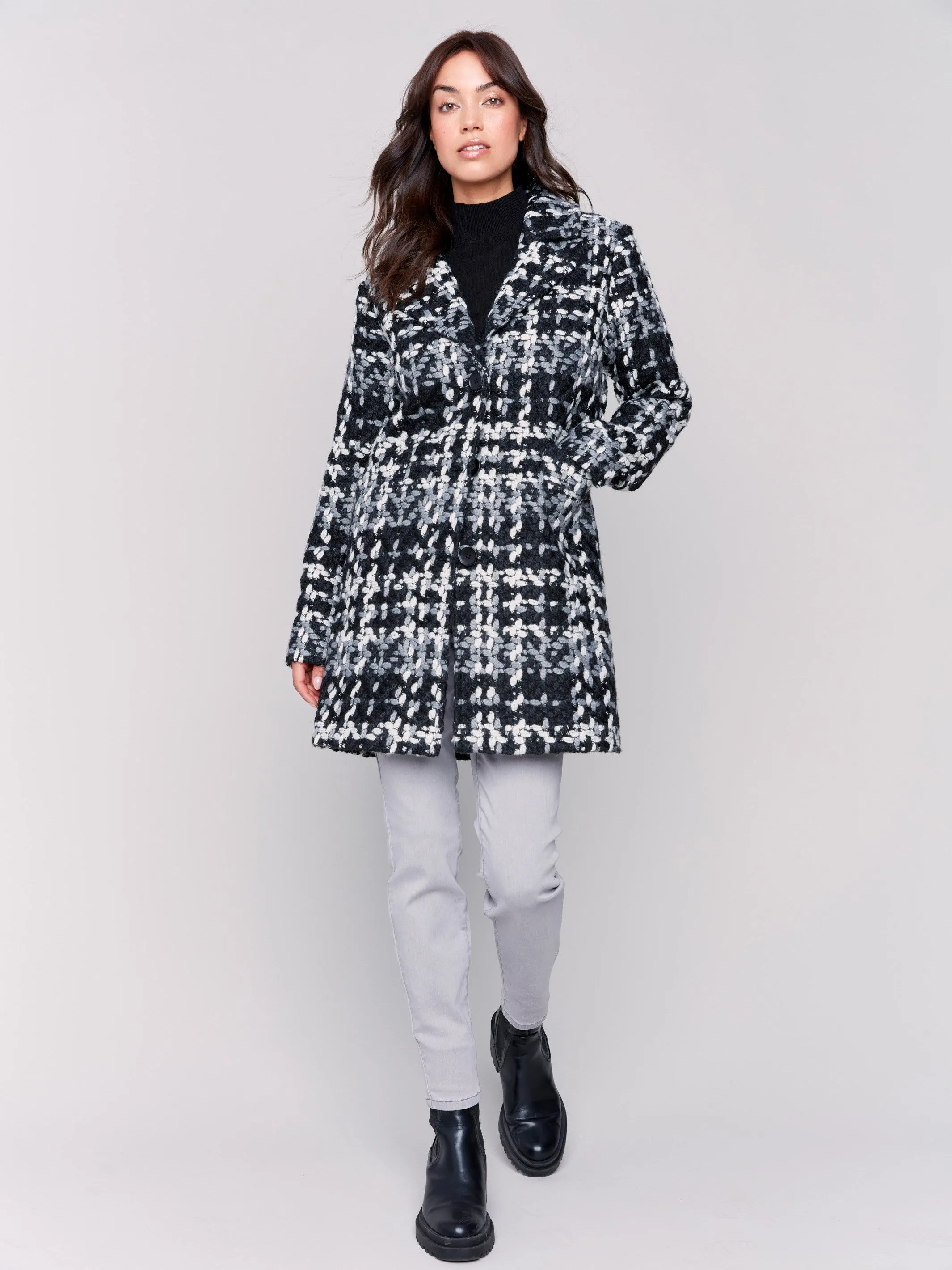 Straight Cut Bouclé Knit Coat - Black & White sold by Charlie B product image thumbnail 2
