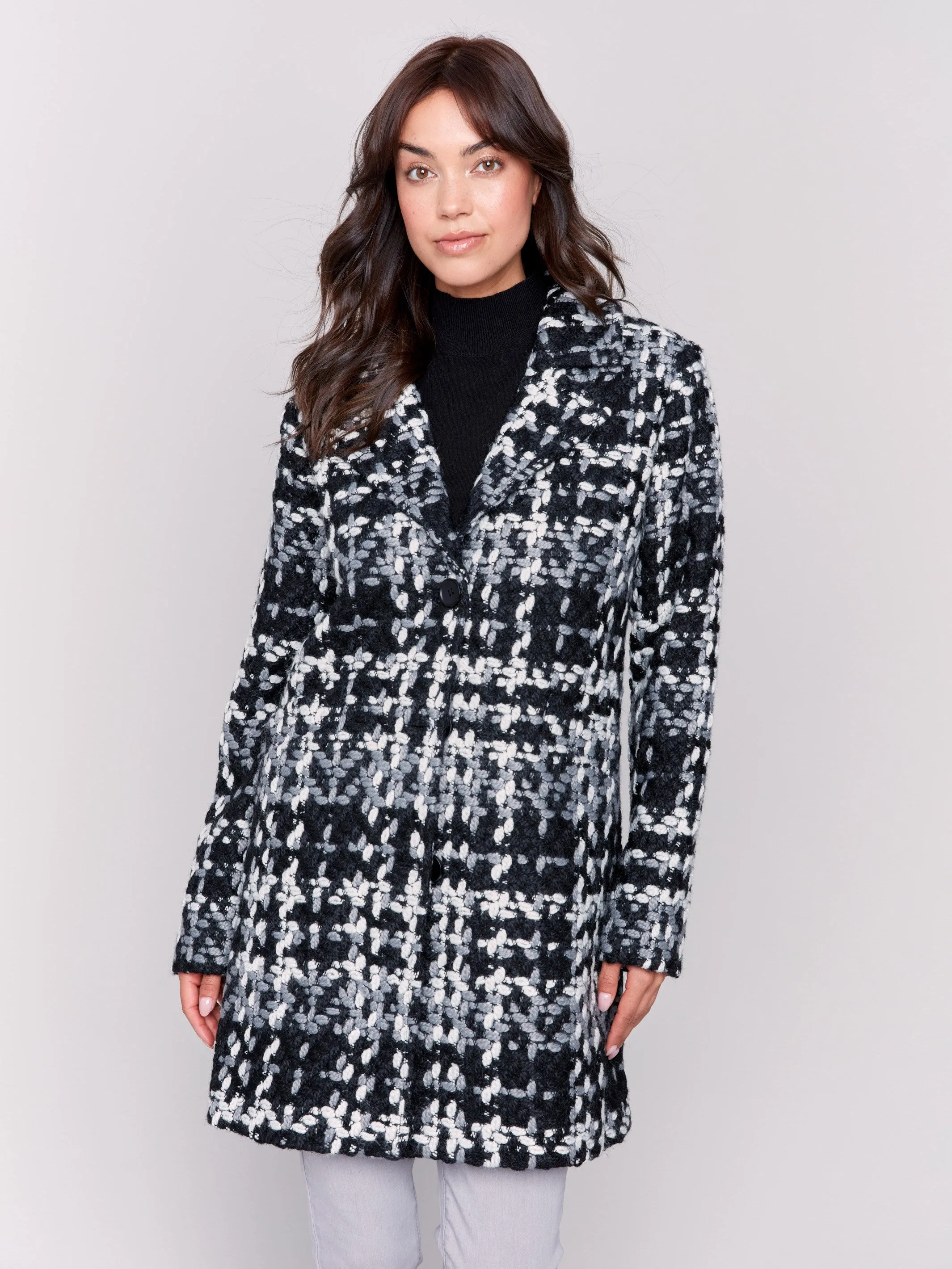 Straight Cut Bouclé Knit Coat - Black & White sold by Charlie B product image thumbnail 5