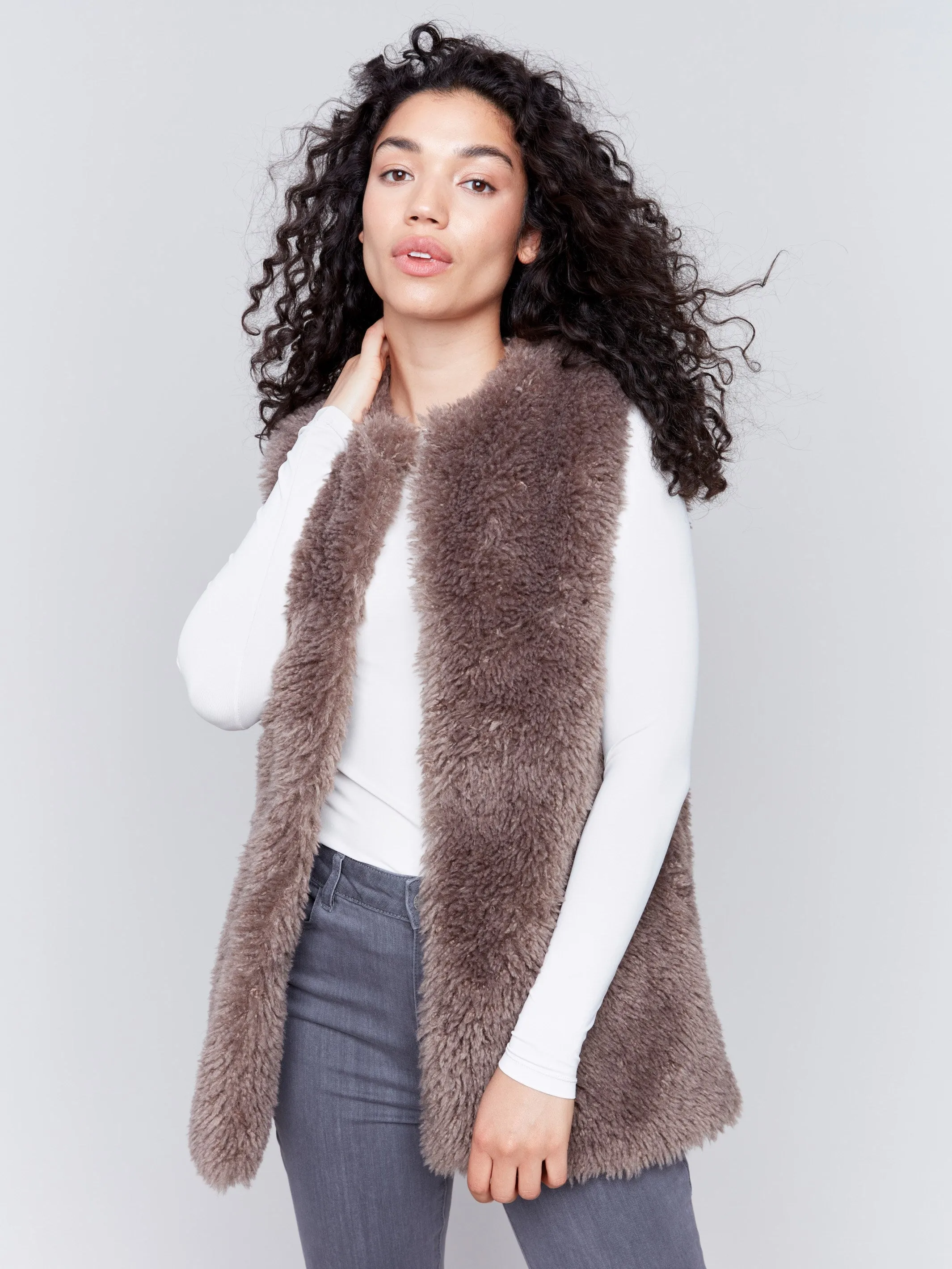 Long Faux Fur Vest - Taupe sold by Charlie B