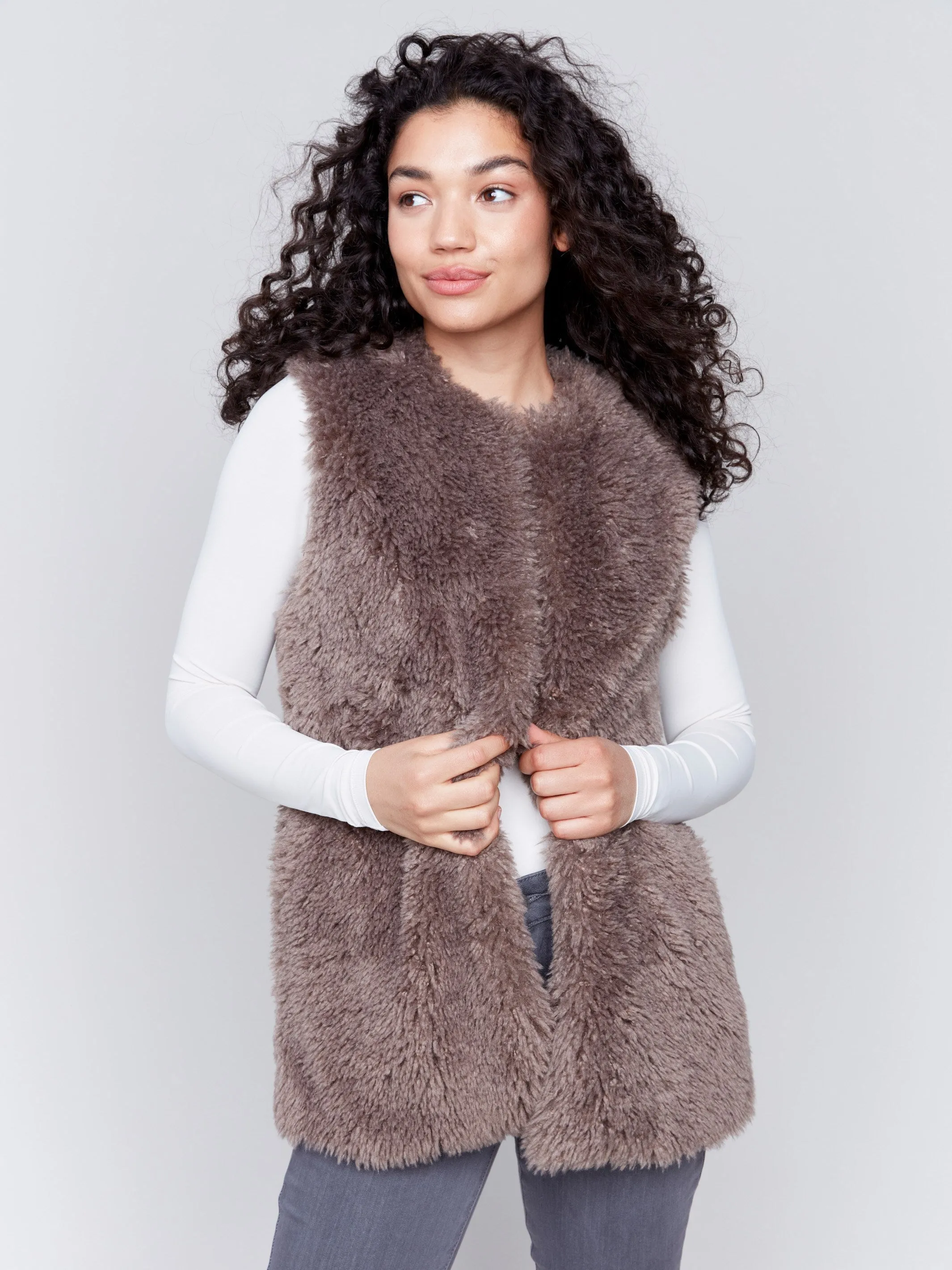 Long Faux Fur Vest - Taupe sold by Charlie B product image thumbnail 3