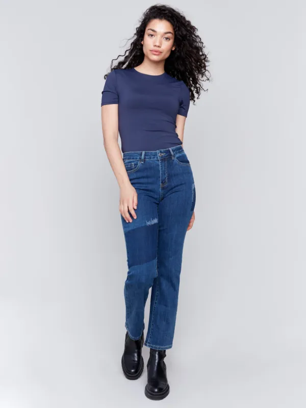 Straight Leg Patchwork Jeans - Indigo sold by Charlie B