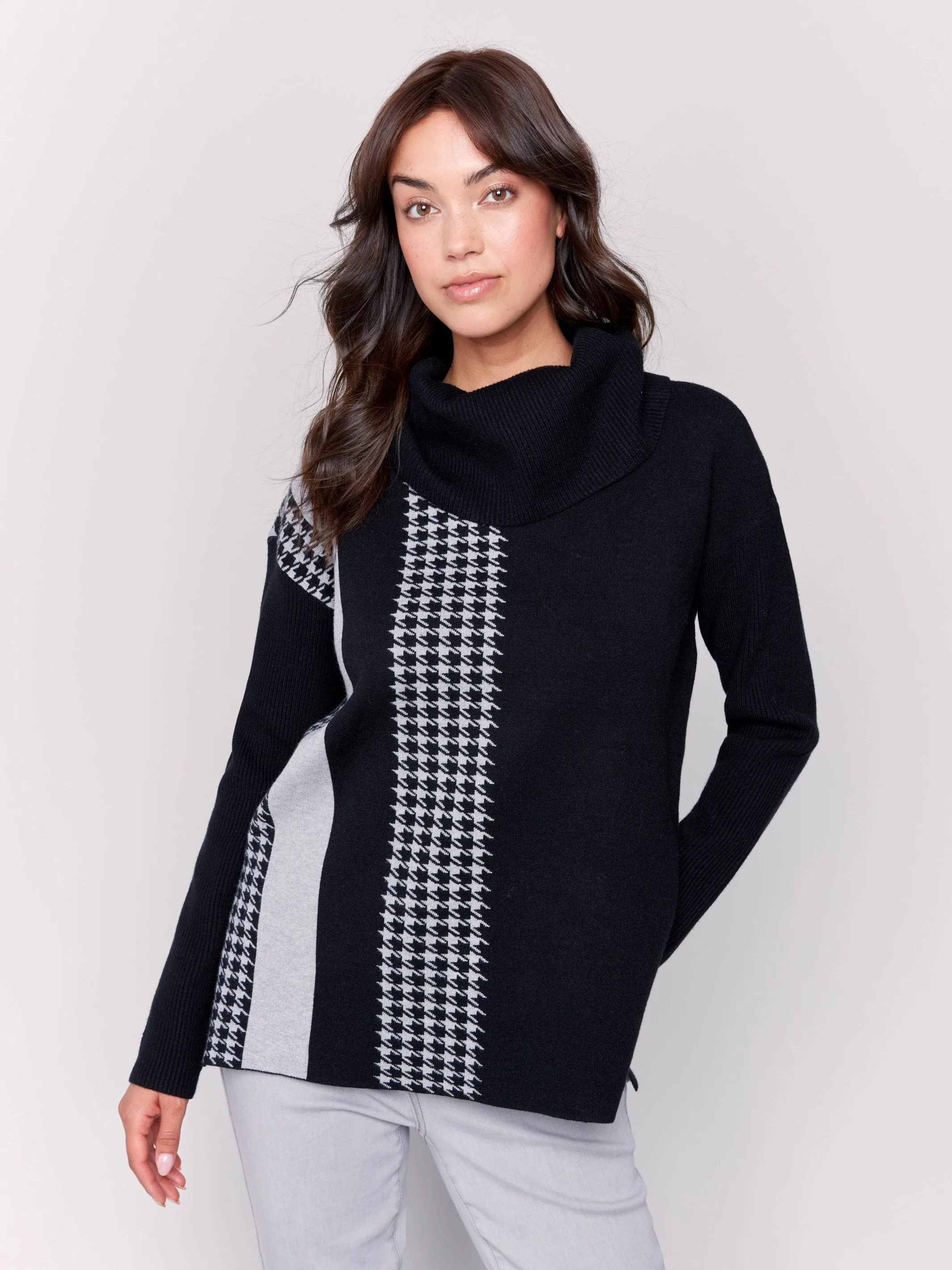 Houndstooth Stripe Cowl Neck Sweater - Black sold by Charlie B product image thumbnail 5