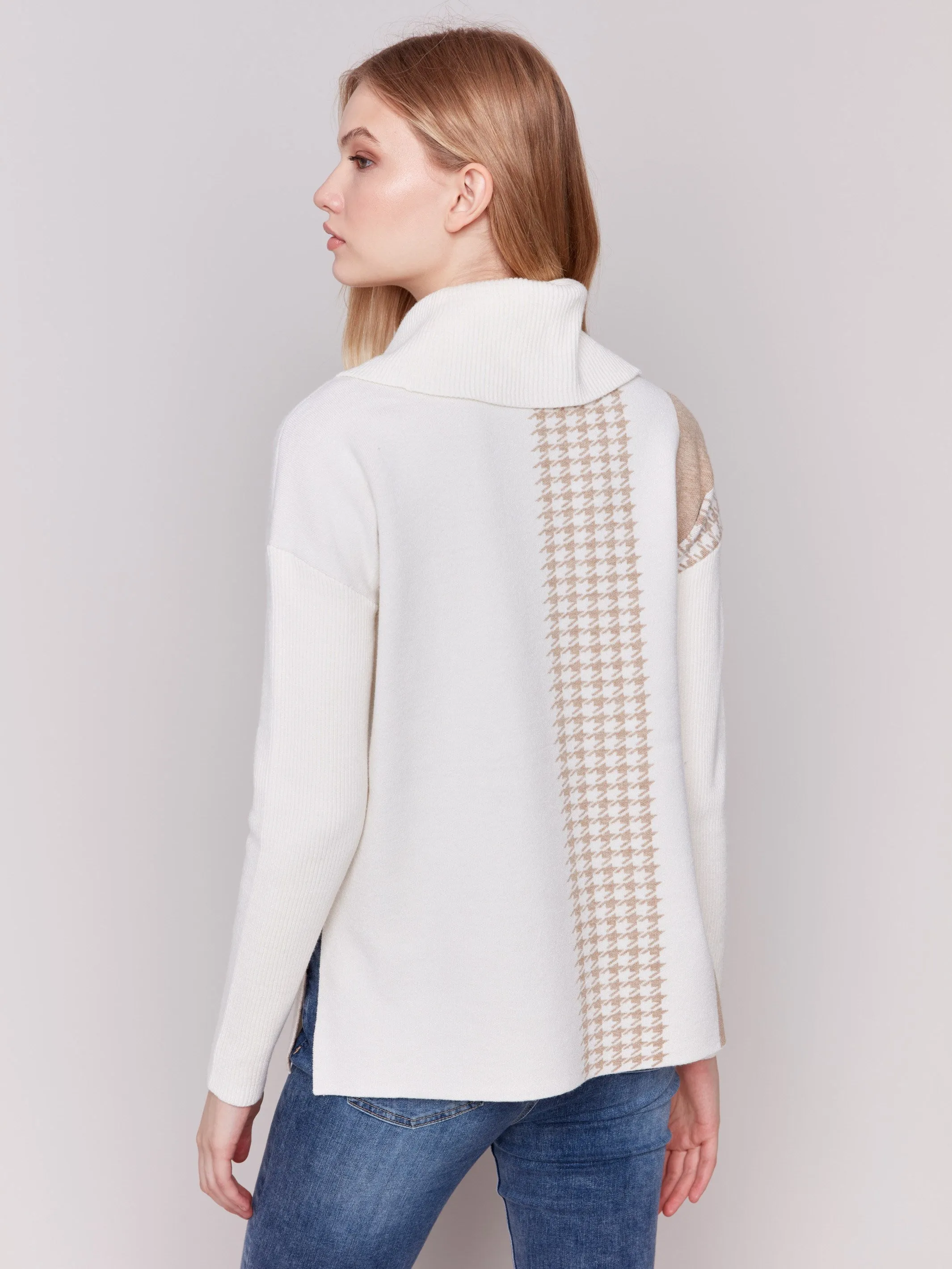 Houndstooth Stripe Cowl Neck Sweater - Ecru sold by Charlie B product image thumbnail 3