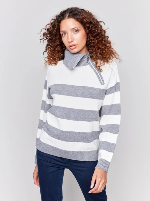 Striped Turtleneck Sweater with Zipper Detail - Grey sold by Charlie B
