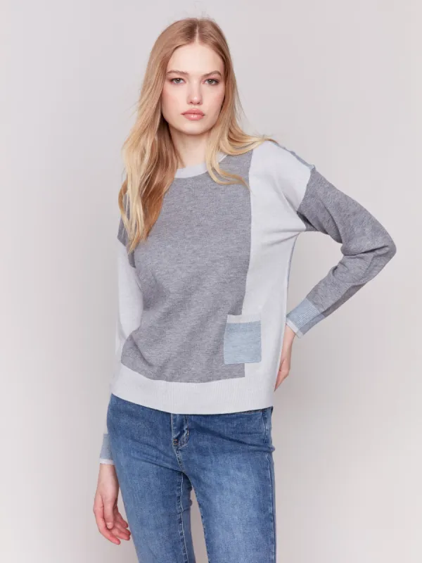 Color Block Sweater with Pocket Detail - Grey sold by Charlie B
