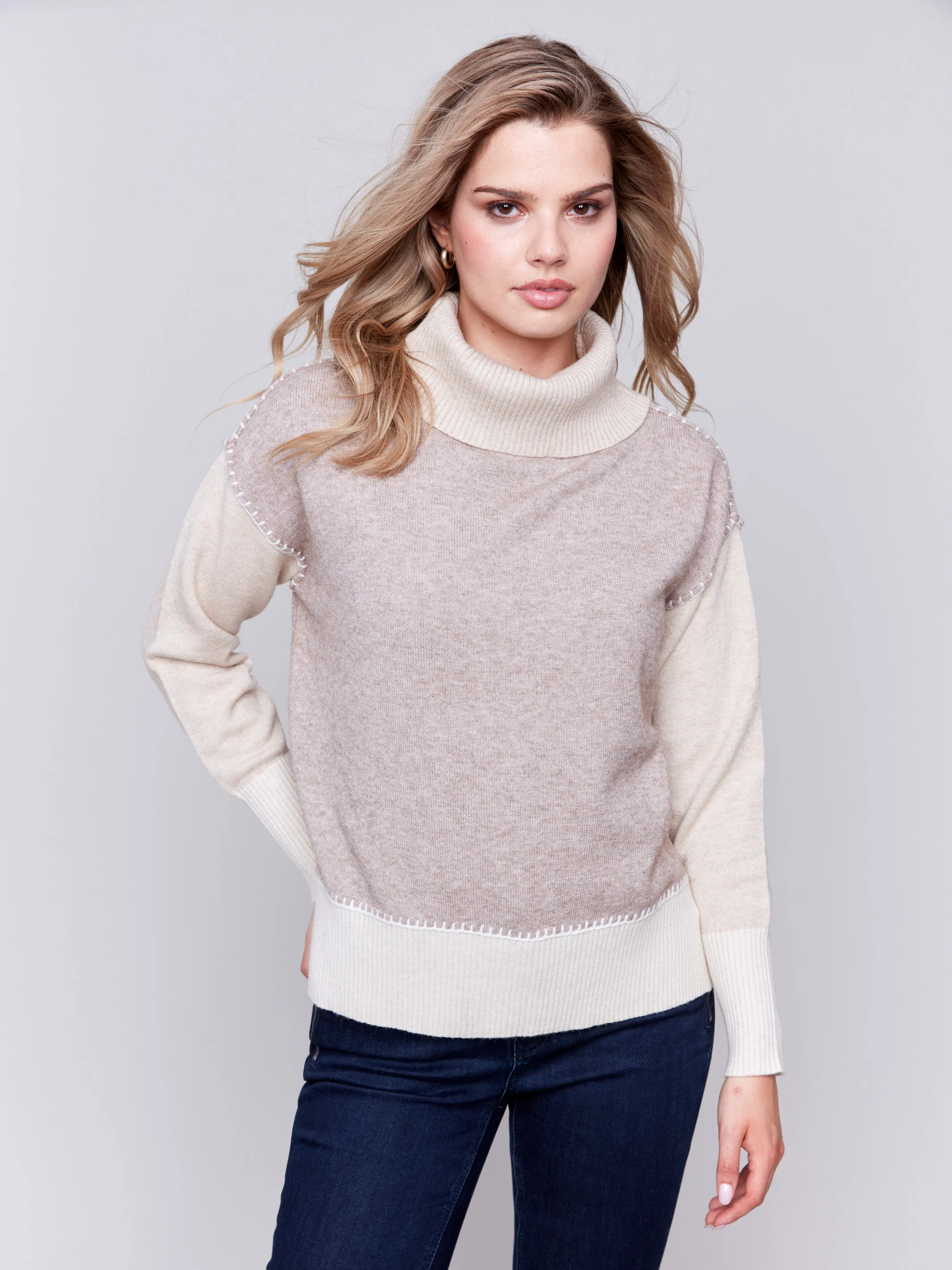 Color Block Turtleneck Sweater - Beige sold by Charlie B