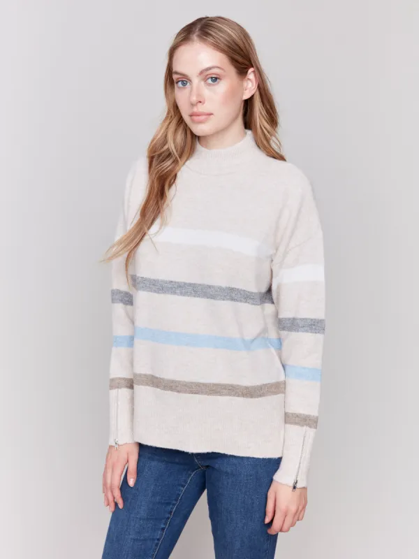Printed Mock Neck Sweater with Sleeve Zippers - Beige sold by Charlie B