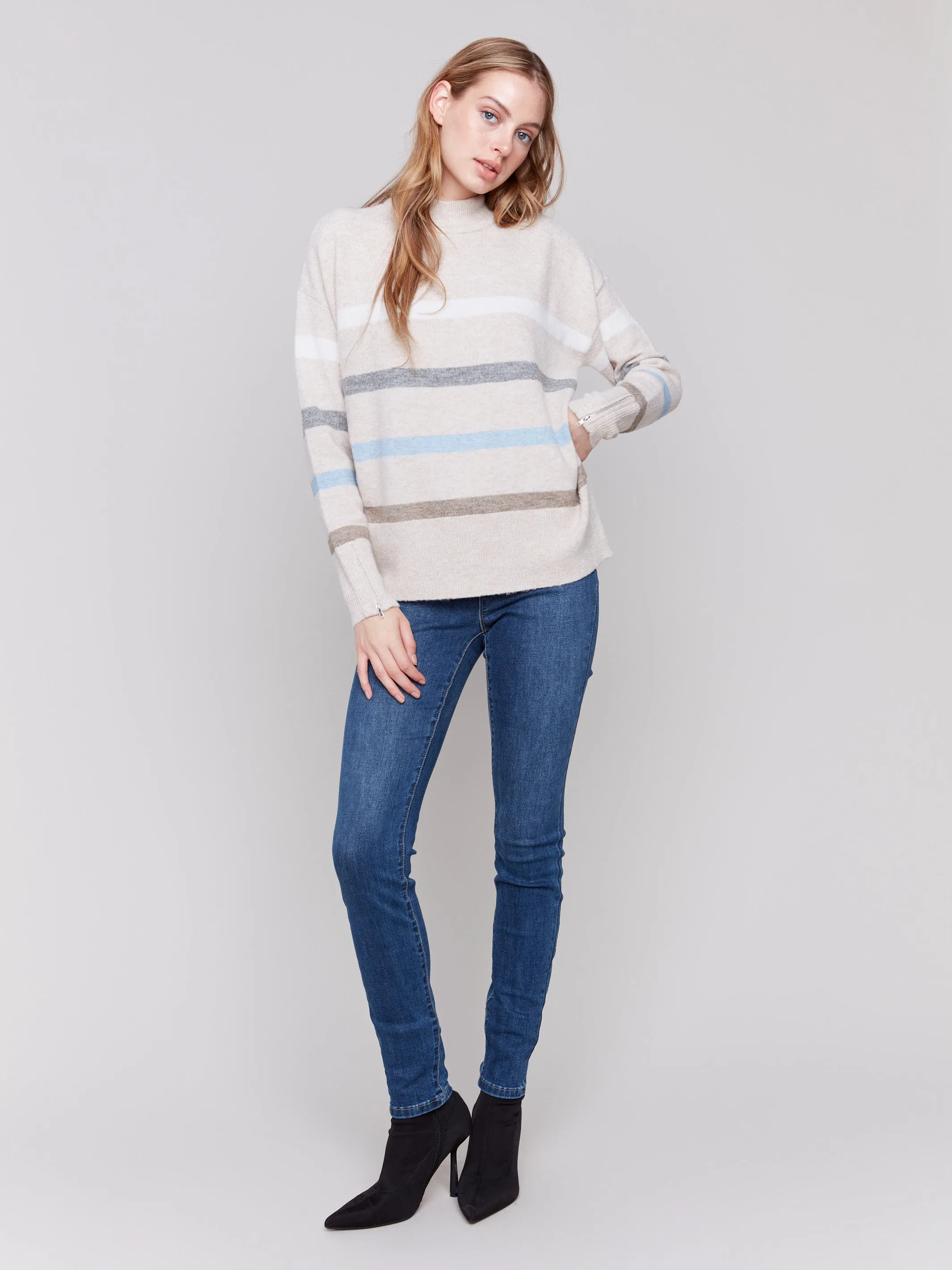 Printed Mock Neck Sweater with Sleeve Zippers - Beige sold by Charlie B product image thumbnail 4