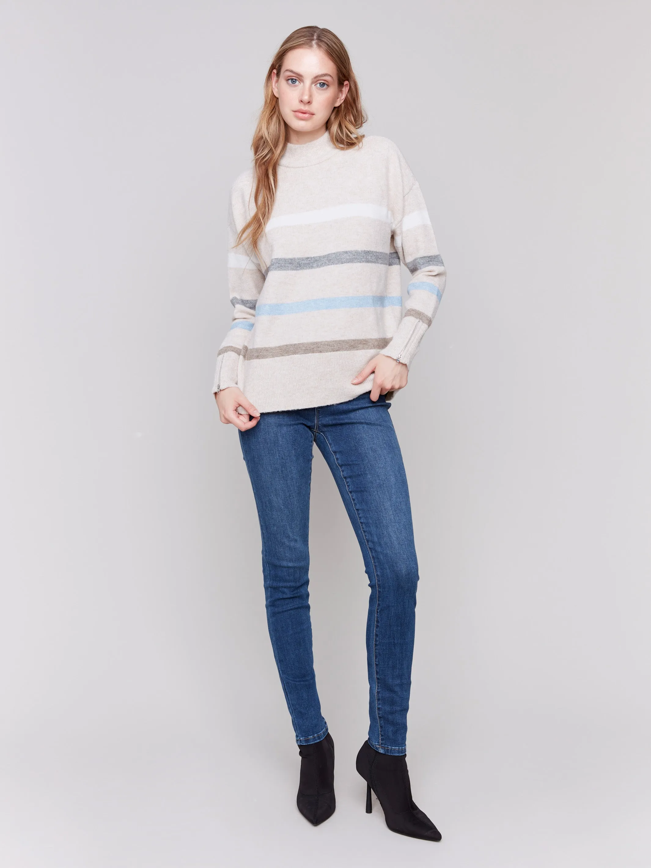 Printed Mock Neck Sweater with Sleeve Zippers - Beige sold by Charlie B product image thumbnail 2